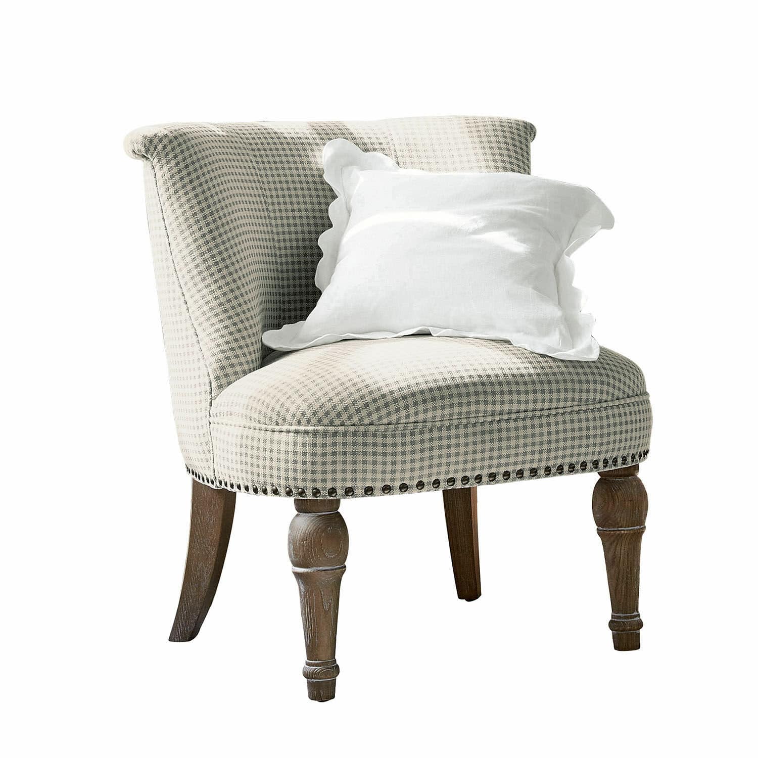 Fauteuil Francet Elegante stoel met geruite bekleding, houten poten en wit sierkussen