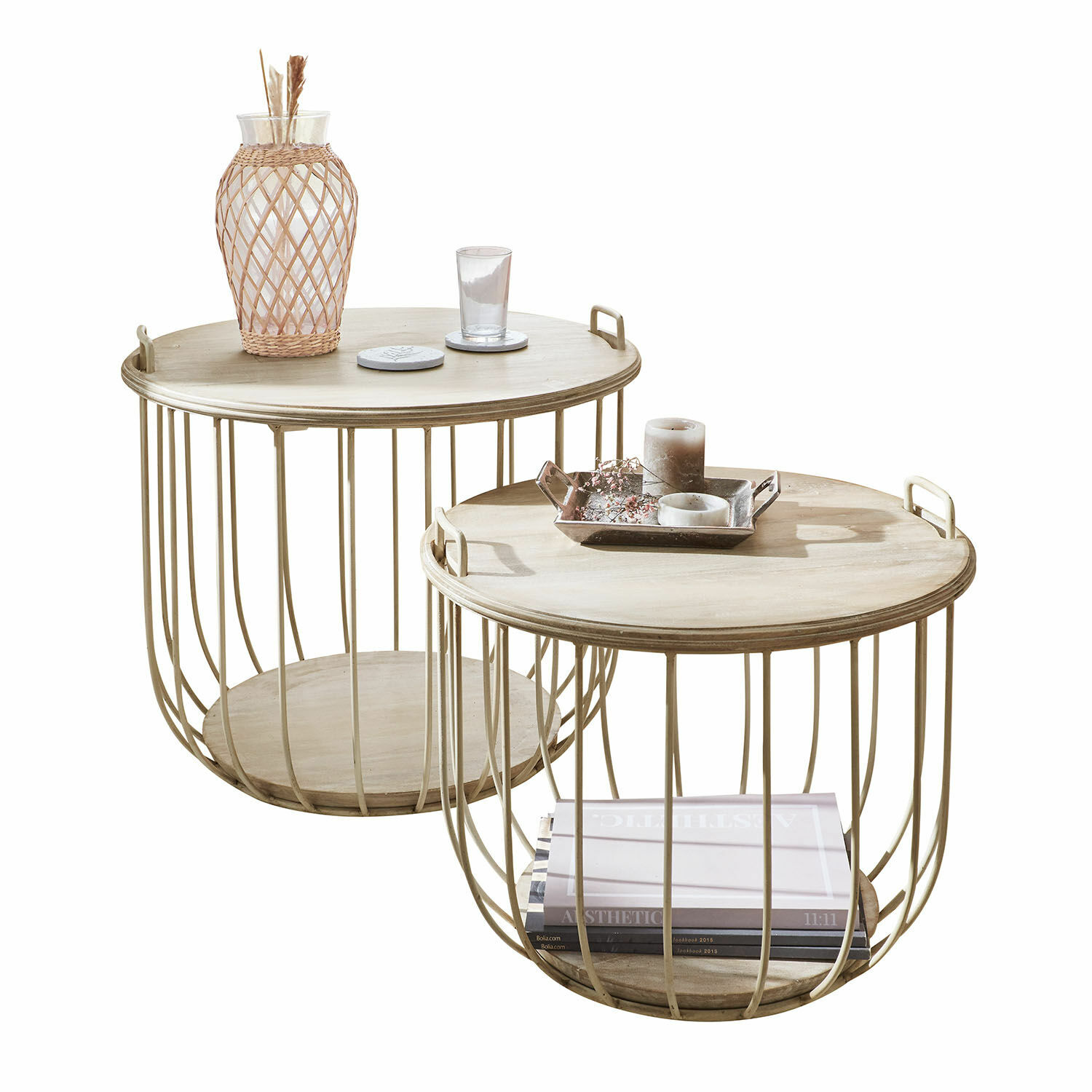 Salontafel set van 2 Lawson Set van twee ronde salontafels met metalen frame en licht houten blad voor woonkamer