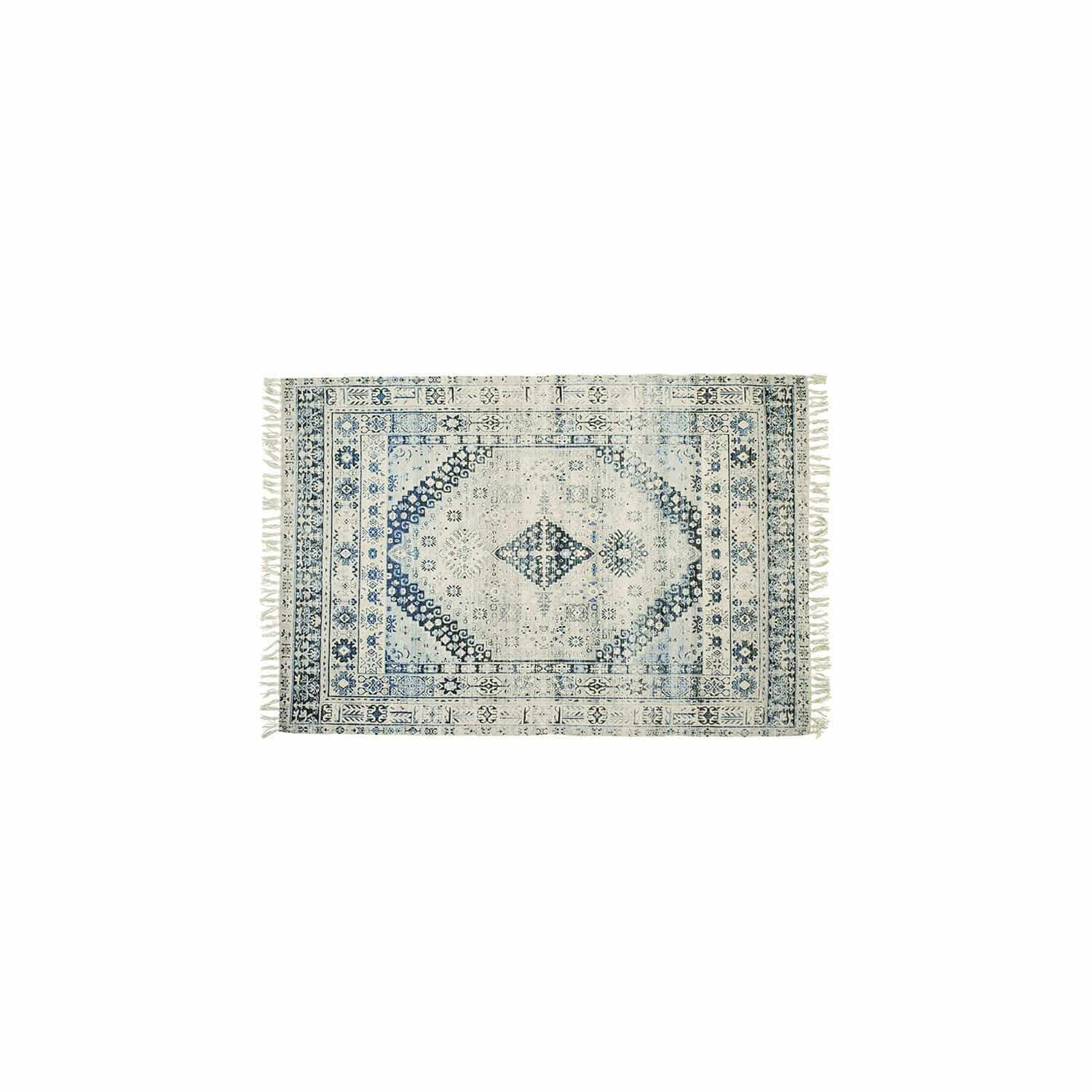 Vloerkleed voor binnen en buiten Daly Katoenen vloerkleed crème met blauwe patronen en franjes, stijlvolle woondecoratie