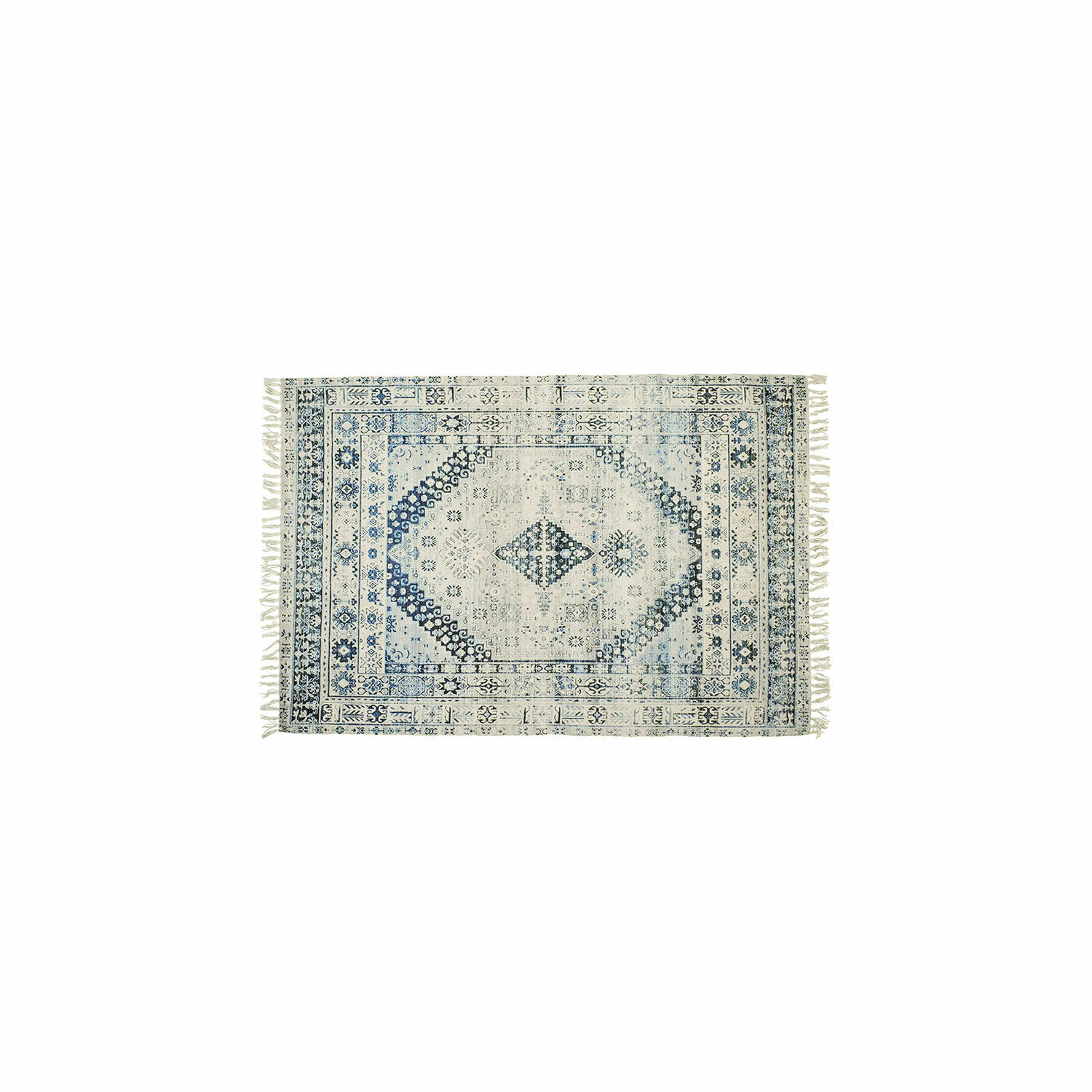 Vloerkleed voor binnen en buiten Daly Katoenen vloerkleed crème met blauwe patronen en franjes, stijlvolle woondecoratie