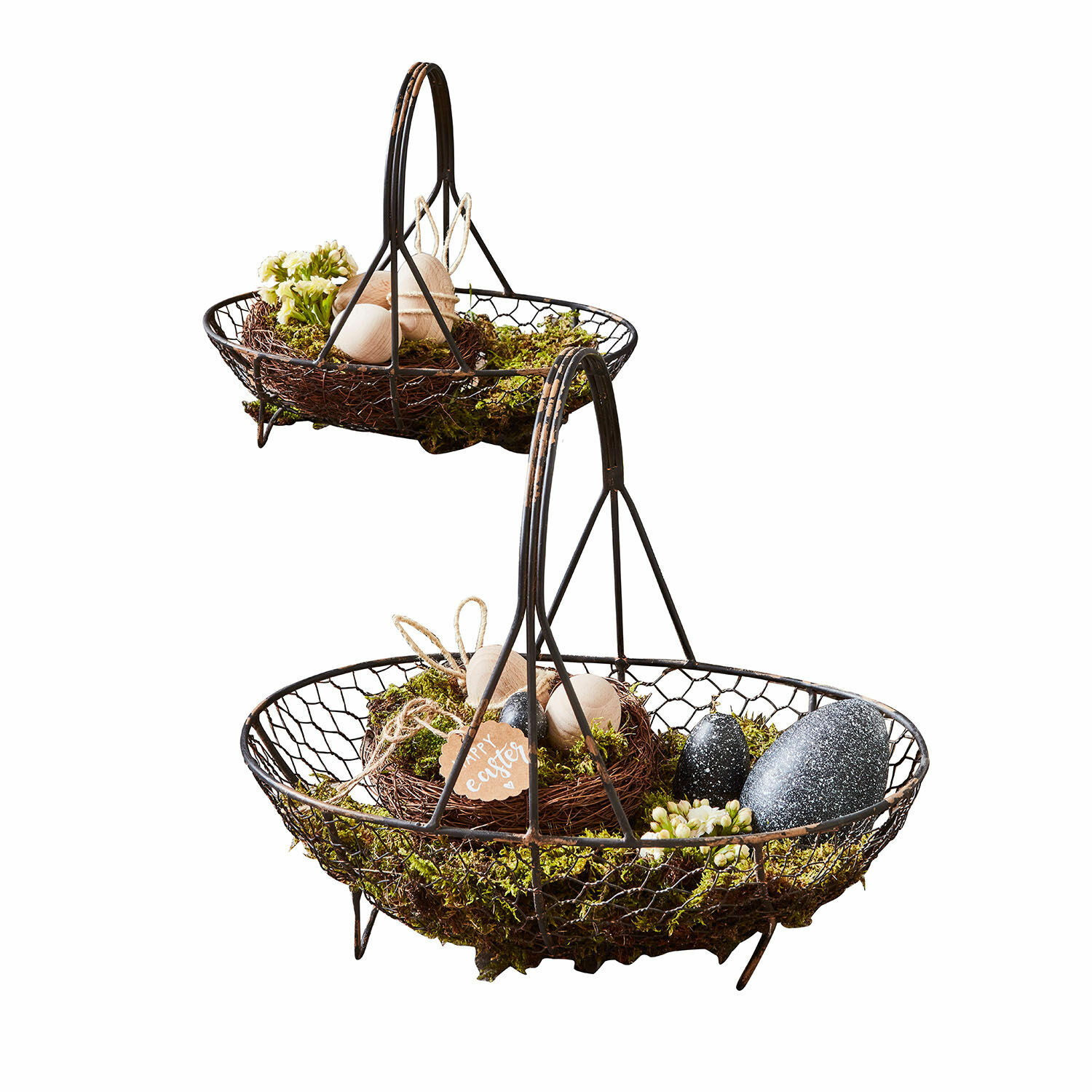 Mand set van 2 Serrie Rustieke metalen mand met handvat, paasdecoratie en groene mosversiering