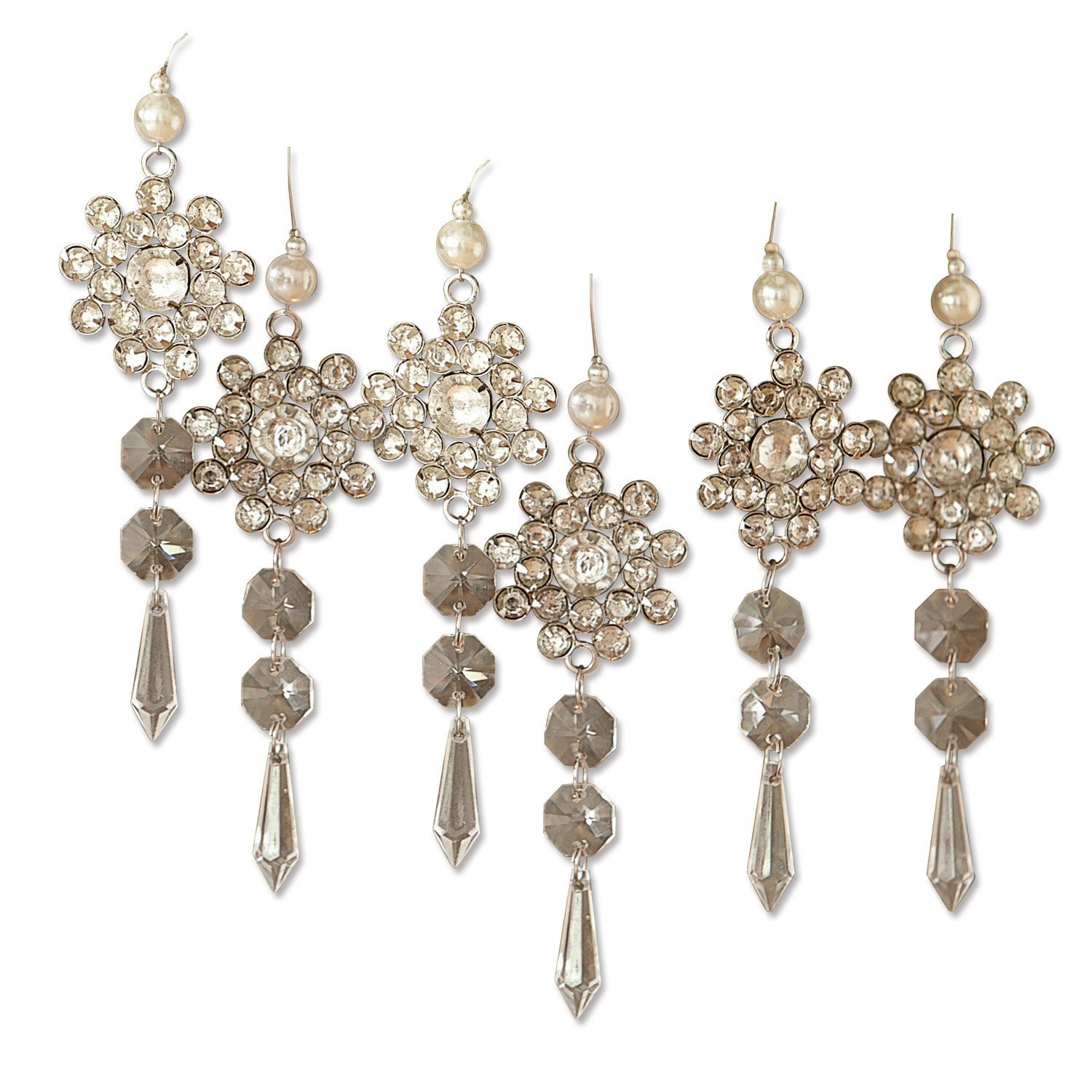 Sierhanger set van 6 Fleurette Set van vijf zilverkleurige hangende kerstversieringen met kristallen en parels