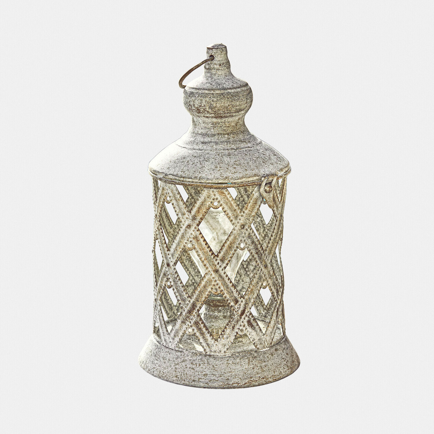 Decoratieve metalen lantaarn in verouderd zilver met opengewerkt patroon en ophanghaak