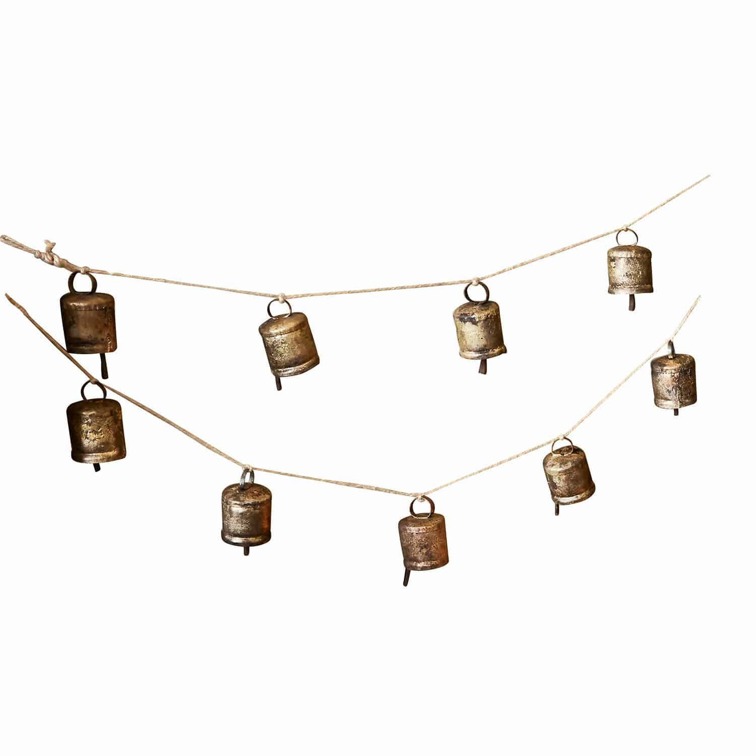 Guirlande Maxime Slinger van metalen belletjes in antiek gouden kleur aan touw, decoratie voor binnen en buiten