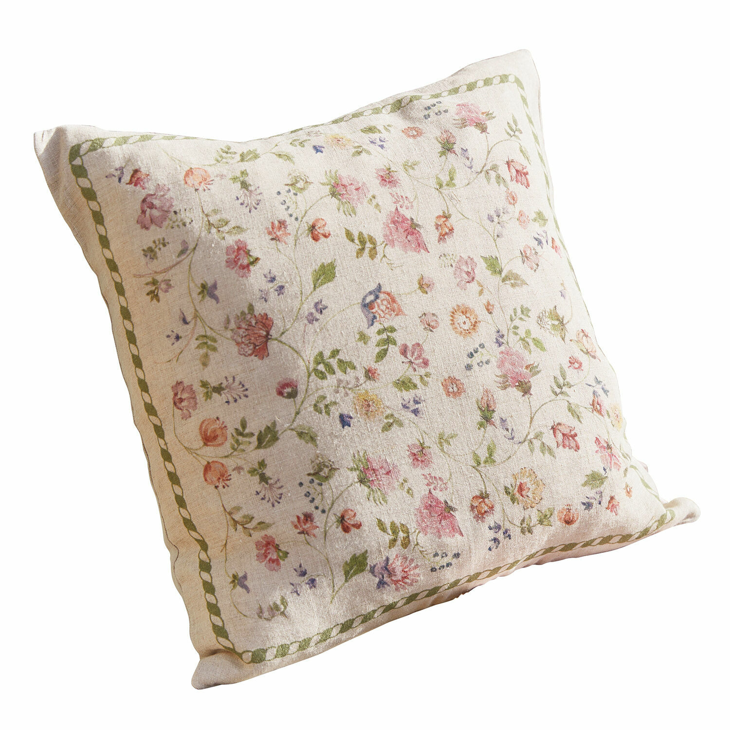 Kussenhoes Karratha Decoratief katoenen kussen in crème met kleurrijk bloemenpatroon en groene rand