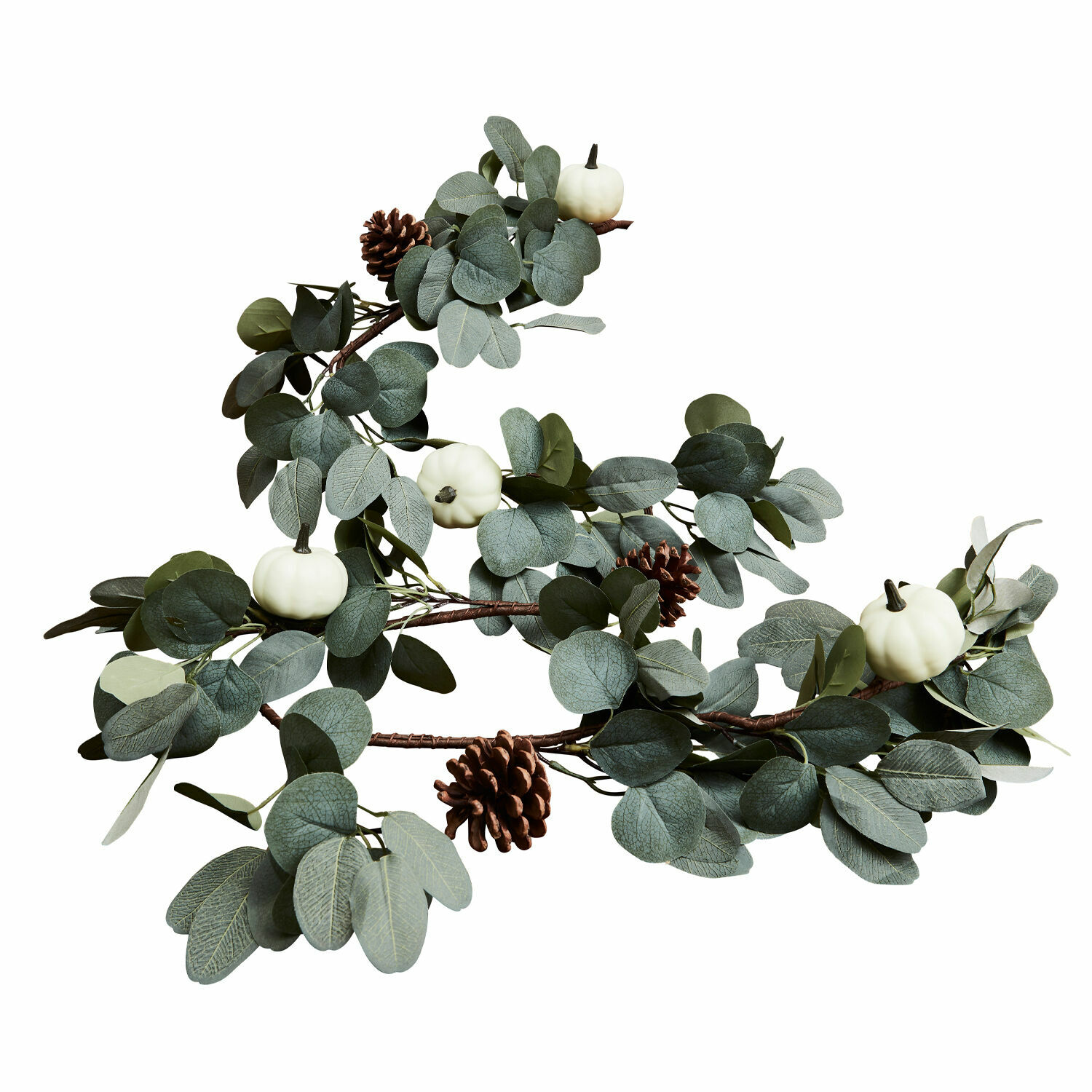 Decoratieve slinger met eucalyptusbladeren, witte pompoenen en dennenappels in groen-bruine tinten