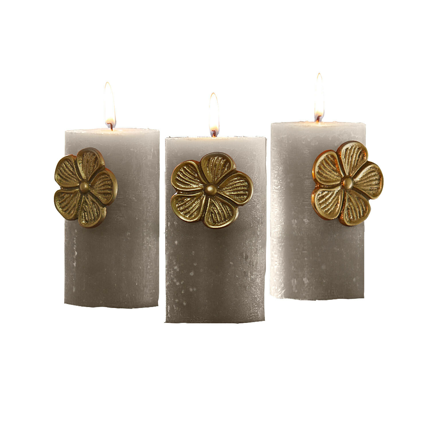 Decoratiepin set van 3 Olevir Drie grijze kaarsen met gouden bloemversiering, sfeervolle interieurdecoratie en verlichting.