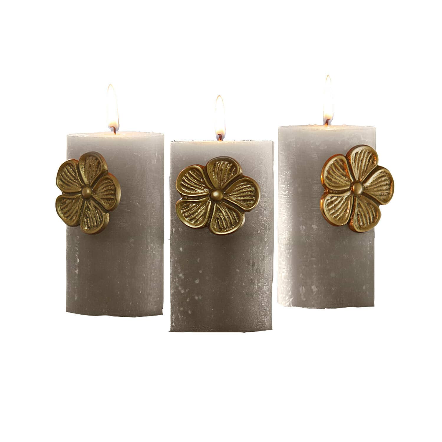 Decoratiepin set van 3 Olevir Drie grijze kaarsen met gouden bloemversiering, sfeervolle interieurdecoratie en verlichting.