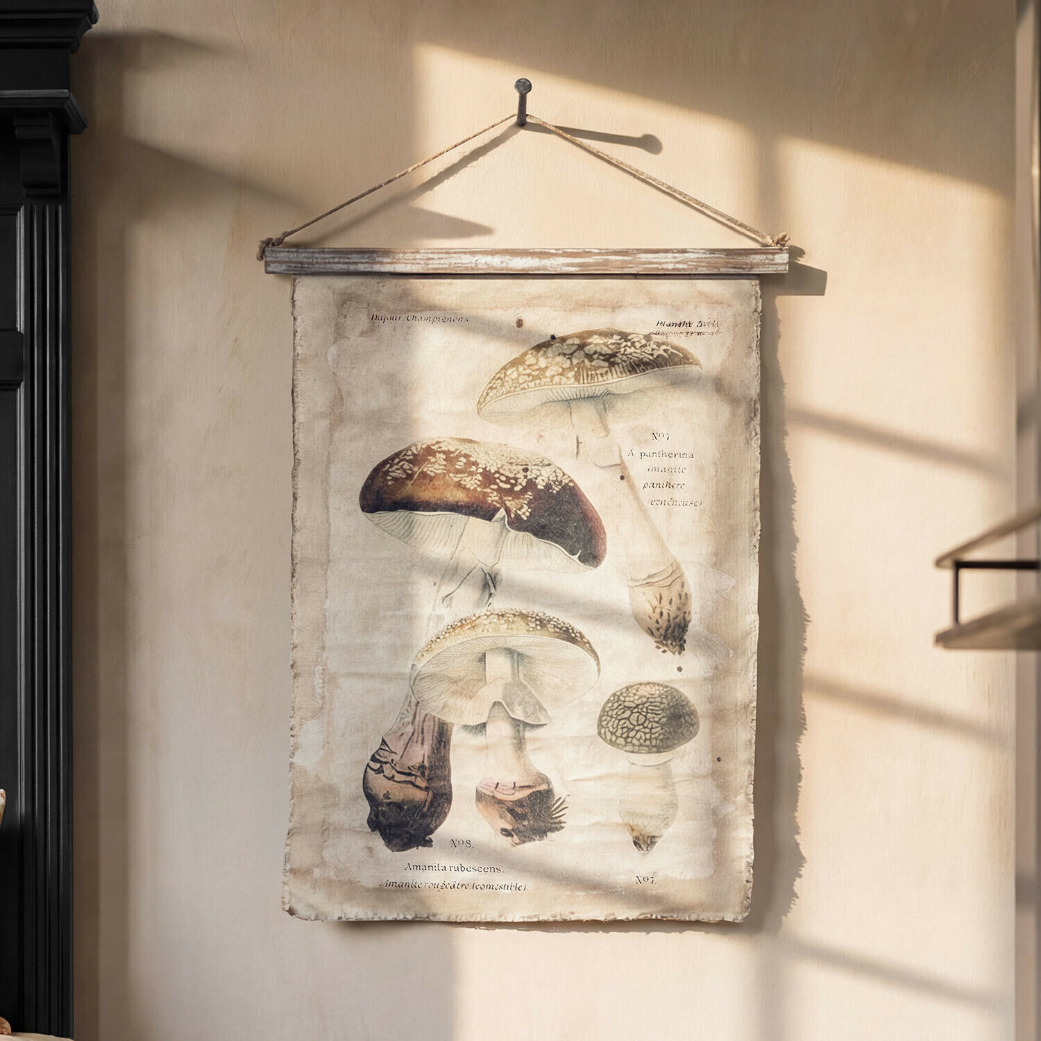 Afbeelding Rynmor Doekposter met paddenstoelillustratie, hangend aan houten stok en touw