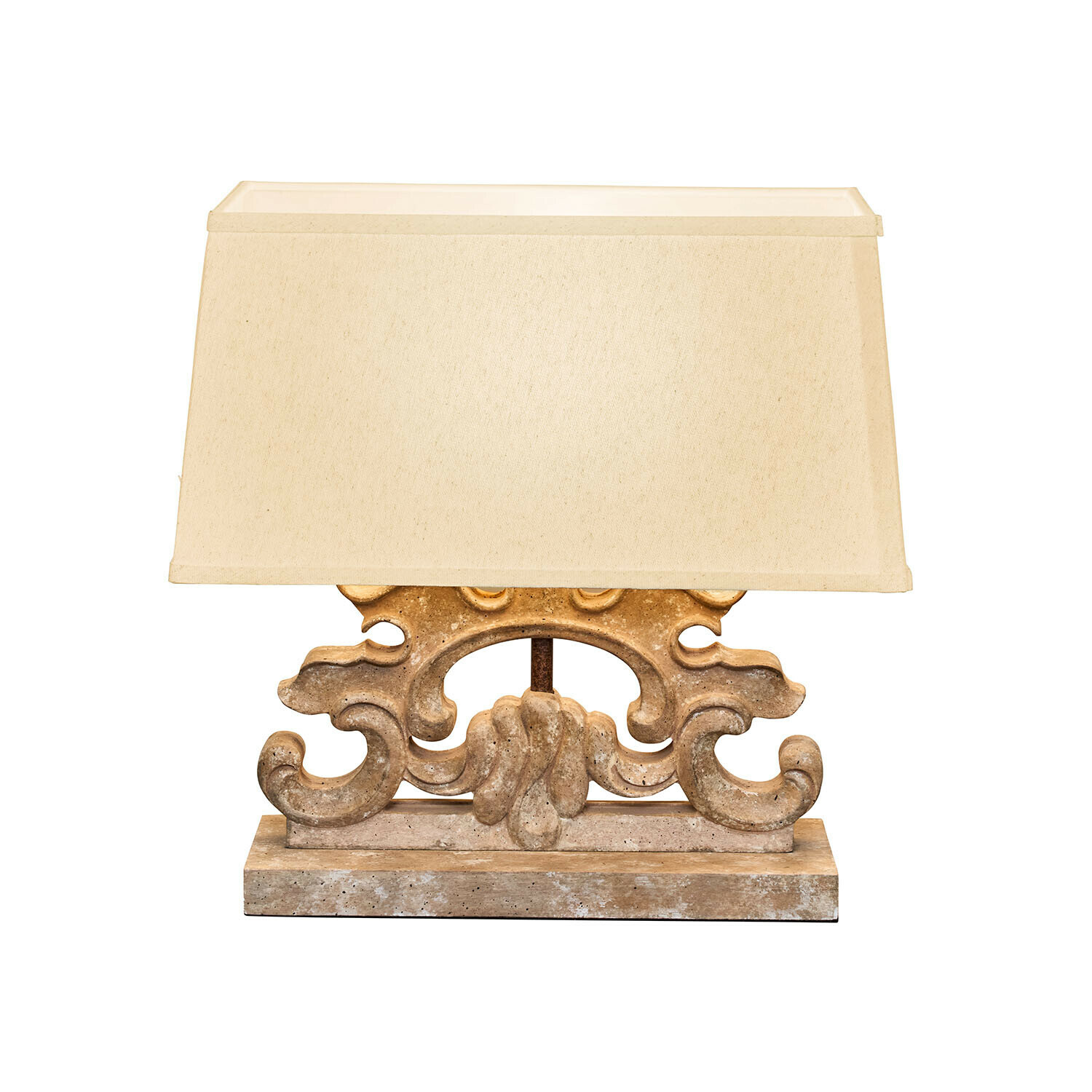 Tafellamp met beige kap en decoratieve stenen voet in vintage stijl