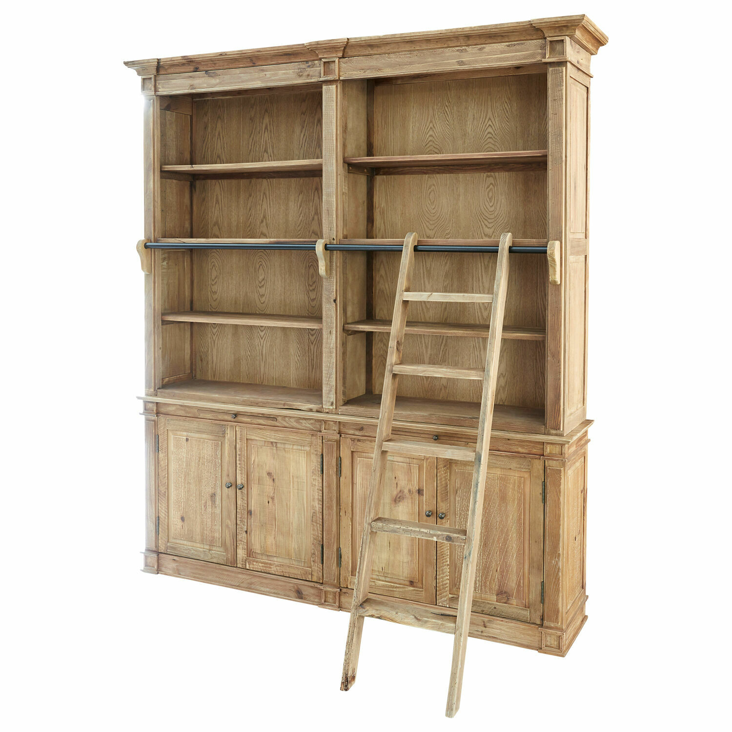 Kast Livera Grote houten boekenkast in natuurlijke houtkleur met ladder en planken voor woonkamer