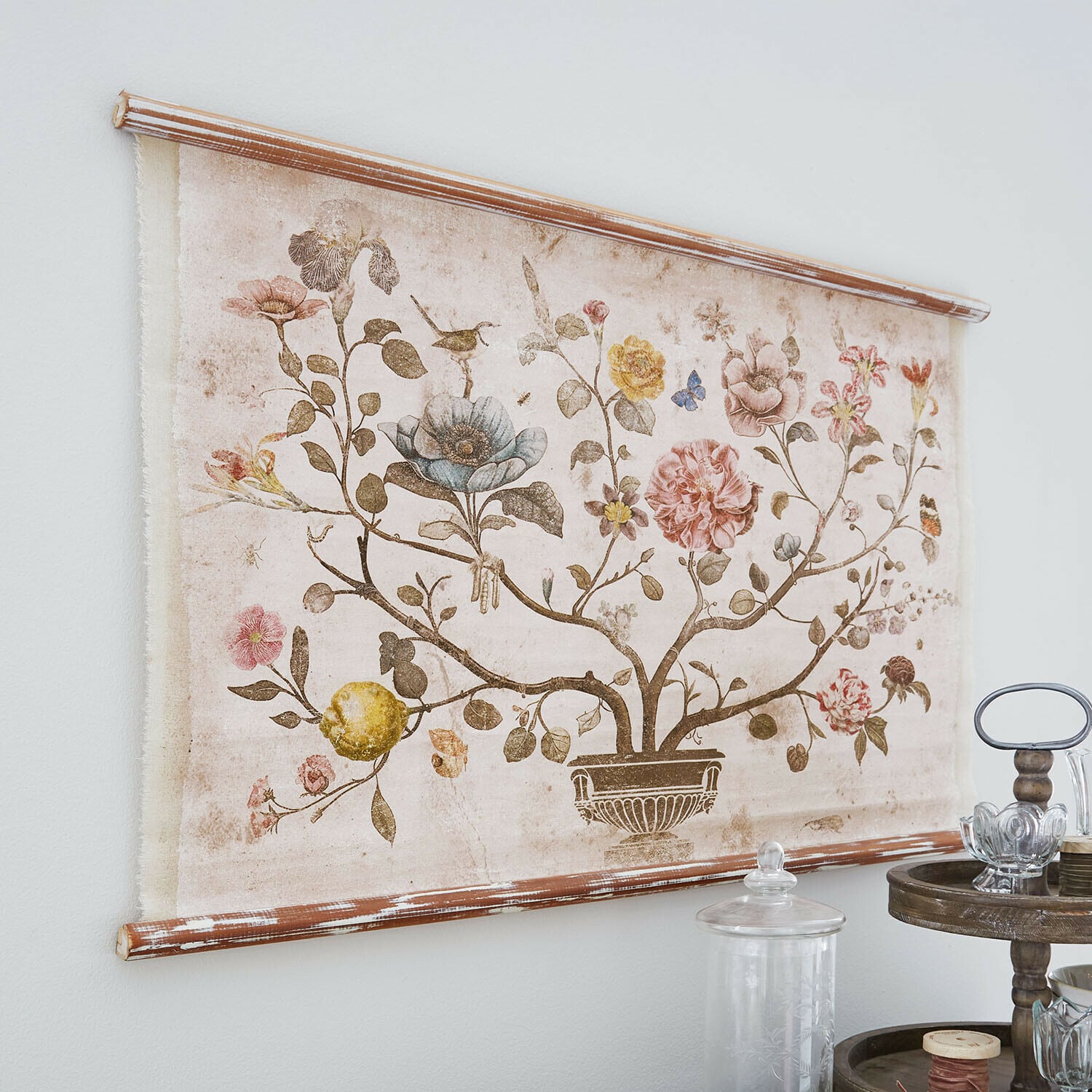 Wandafbeelding Lueur d’Aube Decoratief canvas met bloemen- en vogelmotief in pasteltinten voor woonkamer