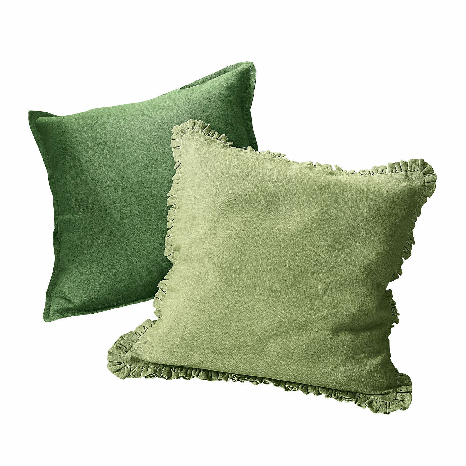 Kussenhoes set van 2 Mormant Set van twee groene linnen sierkussens, één met ruches, voor woonkamer en slaapkamer