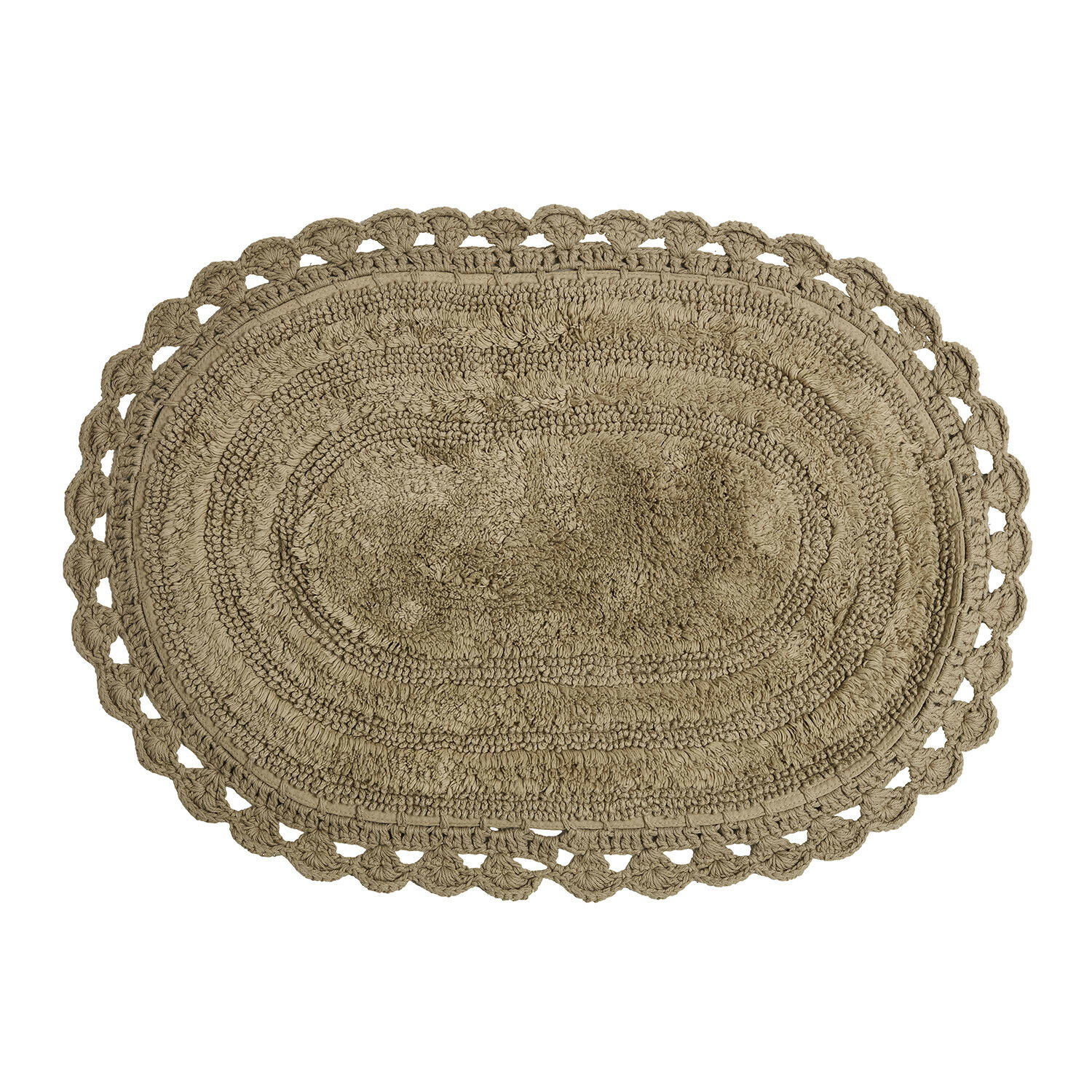 Bruine ovale badmat Calouise van zacht materiaal met decoratieve rand, antislip