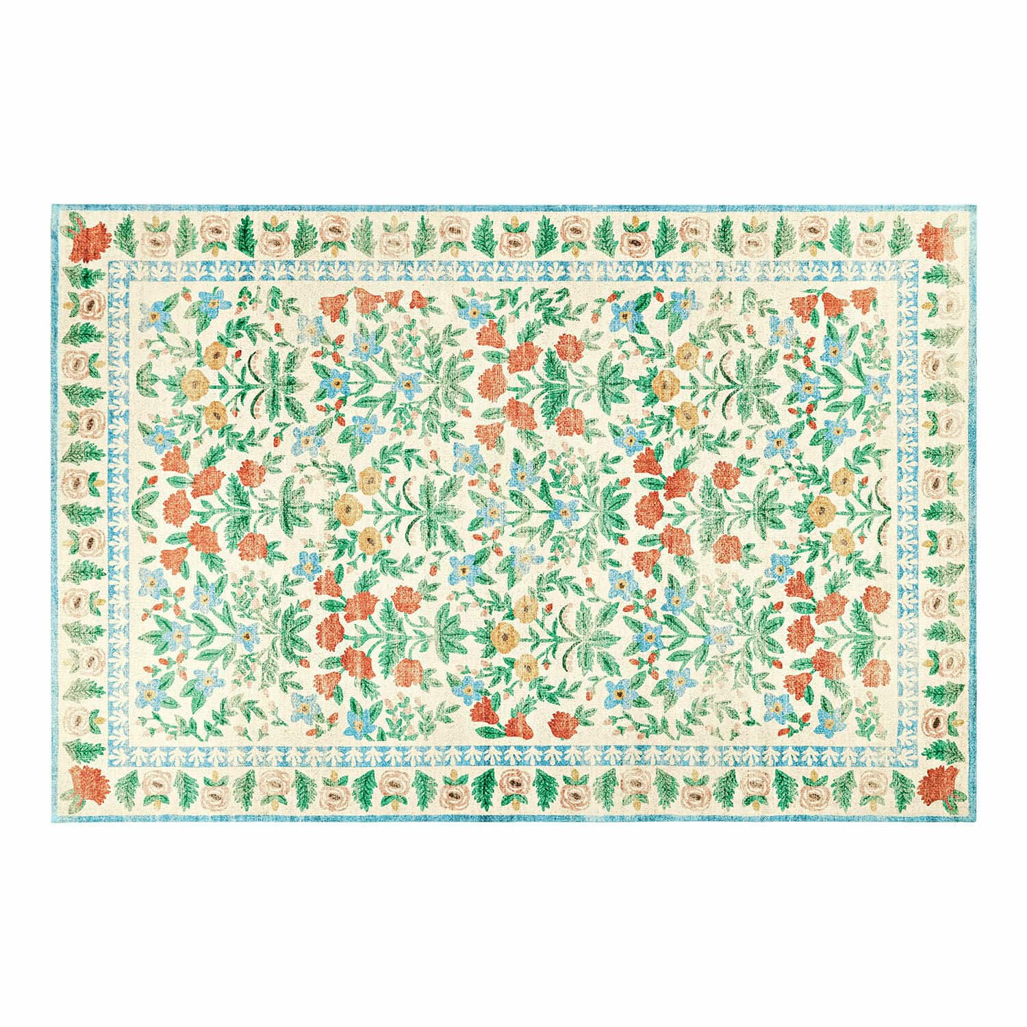 Kleurrijk Jallorin vloerkleed met bloemenpatroon op crèmekleurige achtergrond, woondecoratie