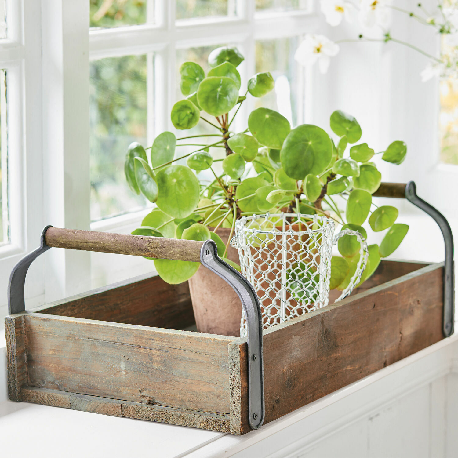 Houten dienblad met metalen handvatten en groene plant op vensterbank, interieurdecoratie