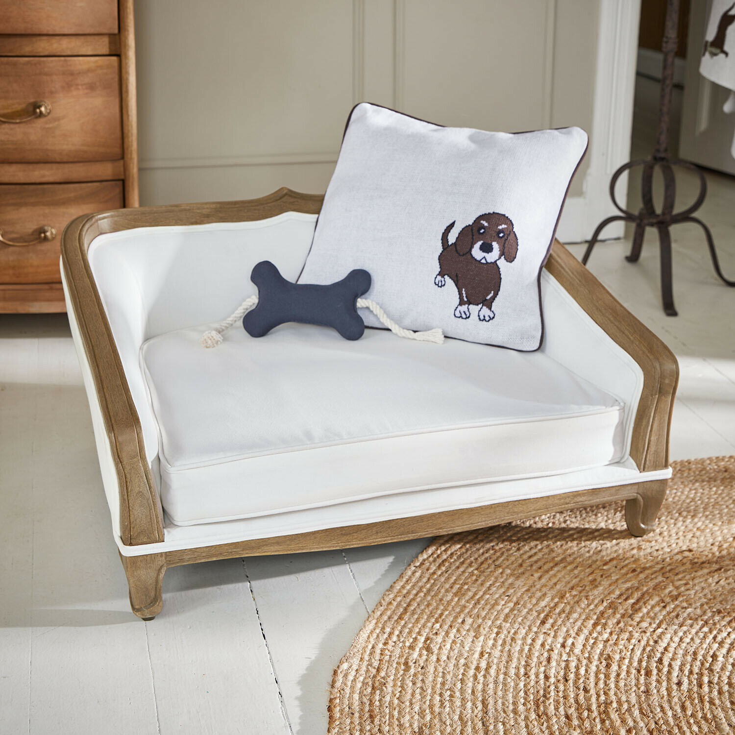 Huisdierenbank Whisley Houten hondenmand met wit kussen en decoratief hondenkussen, comfortabele plek voor huisdieren