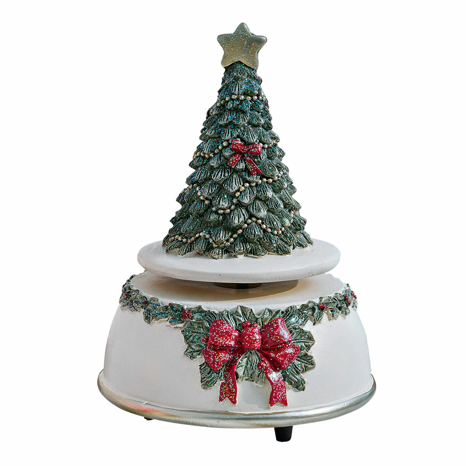 Muziekdoosje Rebets Witte decoratieve standaard met groene kerstboom en rode strikken voor feestdecoratie
