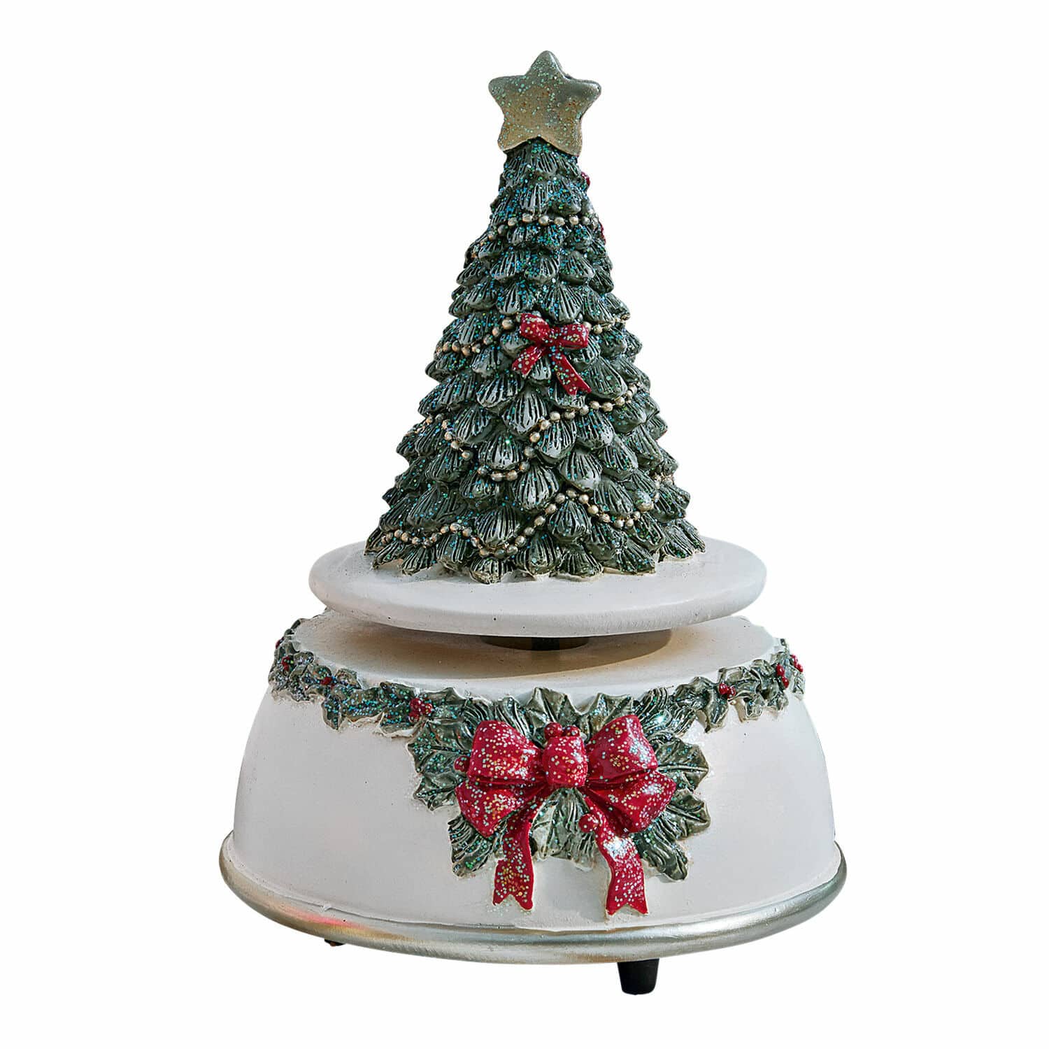 Muziekdoosje Rebets Witte decoratieve standaard met groene kerstboom en rode strikken voor feestdecoratie