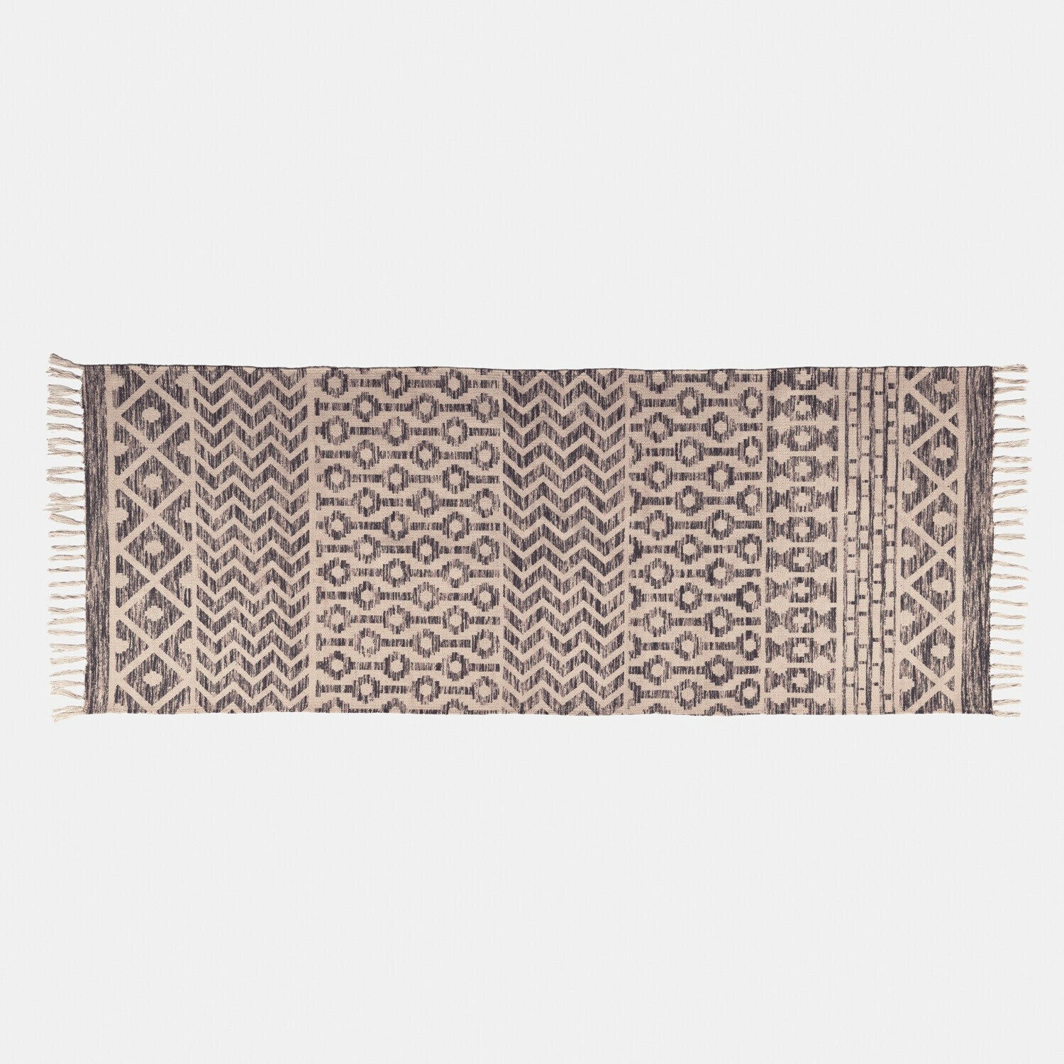 Deurmat voor binnen en buiten Champigny Katoenen vloerkleed in crème met zwarte geometrische patronen en franjes, interieurdecoratie