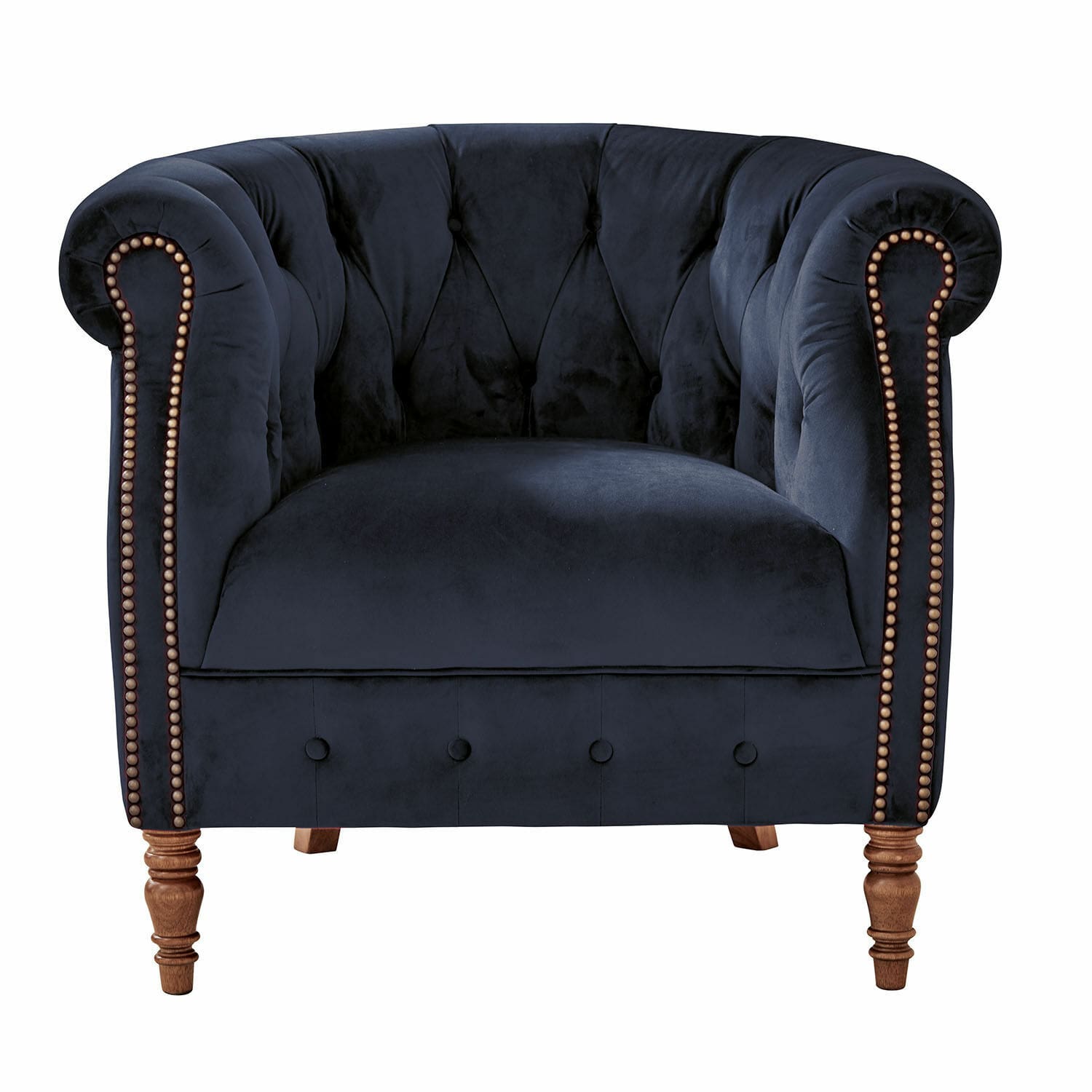 Fauteuil Gates Mills van donkerblauwe fluweel met houten poten en decoratieve spijkers voor woonkamer