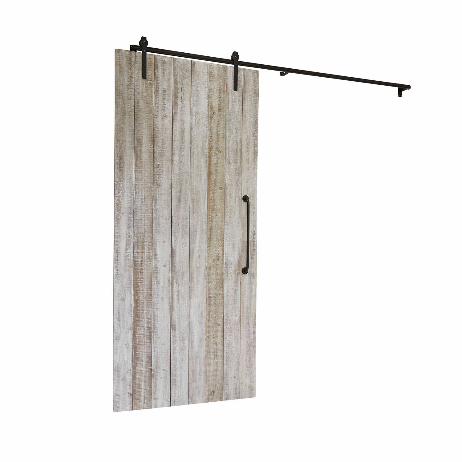 Schuifdeur van licht verouderd hout met zwarte metalen handgreep en rails voor rustieke inrichting