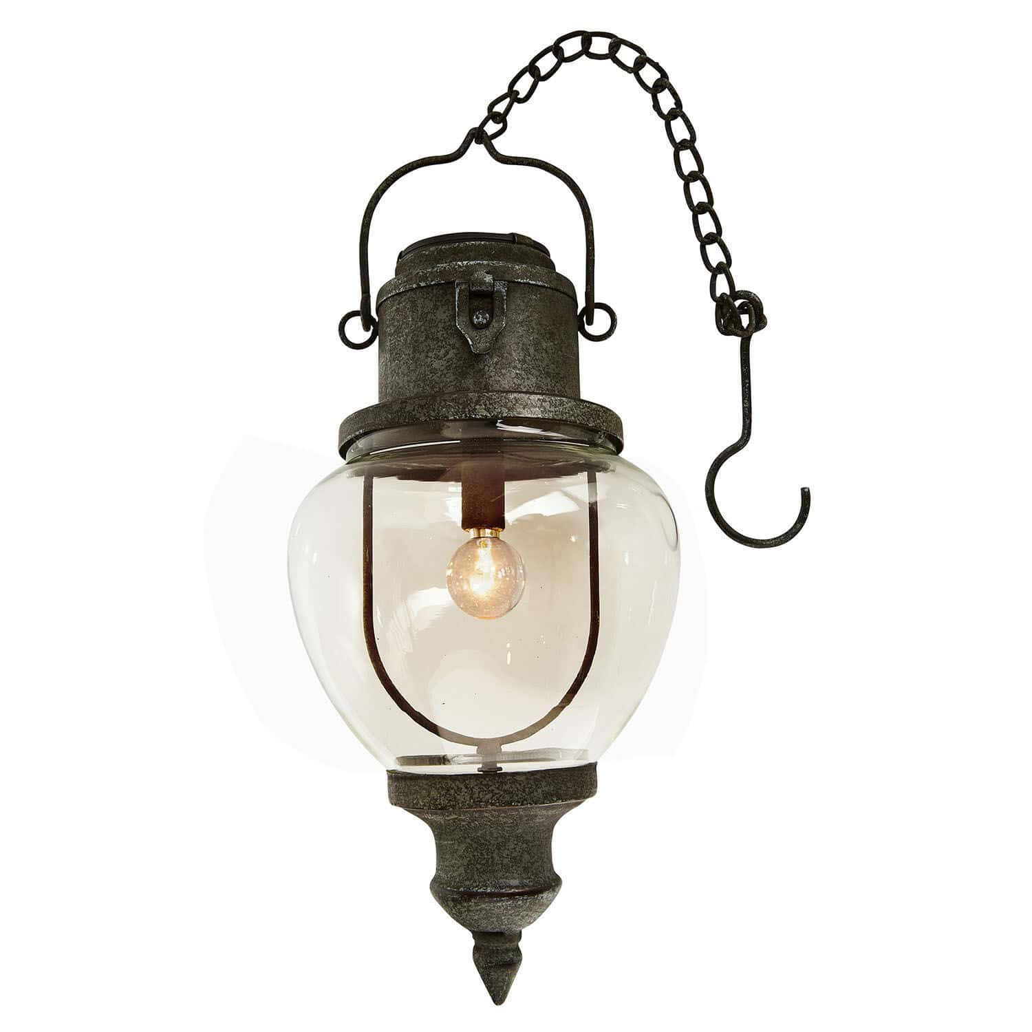 Hanglantaarn op zonne-energie Relixan Hangende lamp van gepatineerd metaal met doorzichtige glazen kap en zichtbare lamp