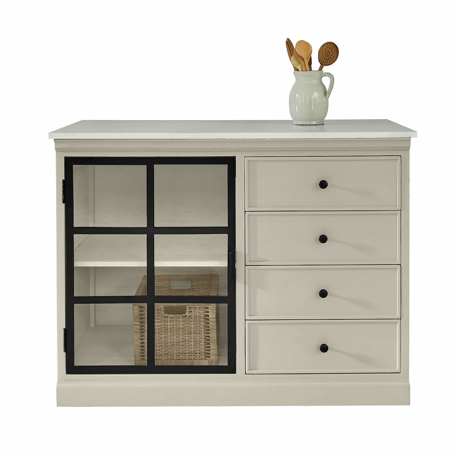 Kast Orlévine Beige dressoir met zwarte metalen deur en vier lades voor opbergruimte in de woonkamer