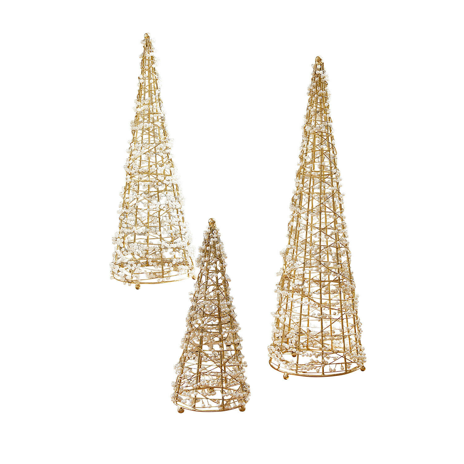 Set van drie gouden kegelvormige decoraties met witte bolletjes, kerstversiering voor binnen