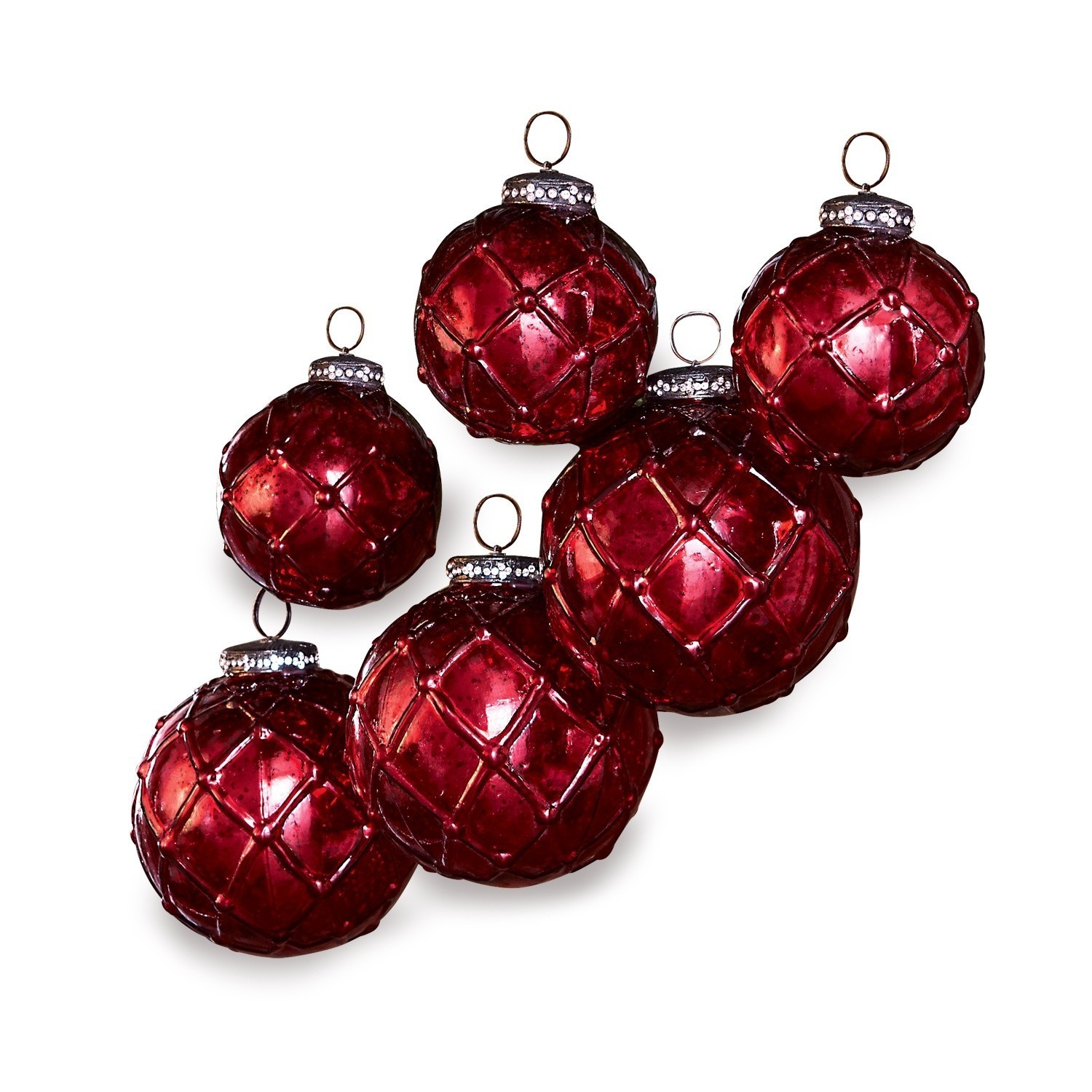 Kerstversiering set van 6 Roubi Set rode glazen kerstballen met decoratief patroon en metalen ophanghaak