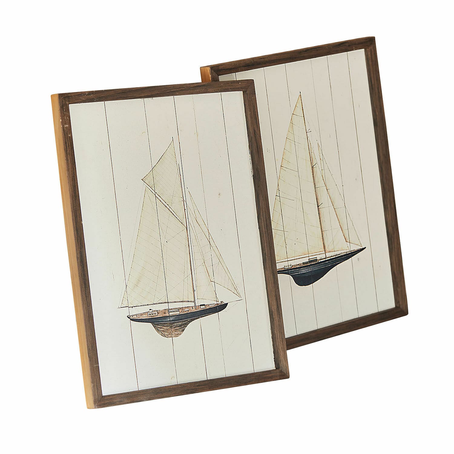 Schilderij set van 2 Lemoux Twee houten schilderijen met zeilboten op witte achtergrond, maritieme wanddecoratie
