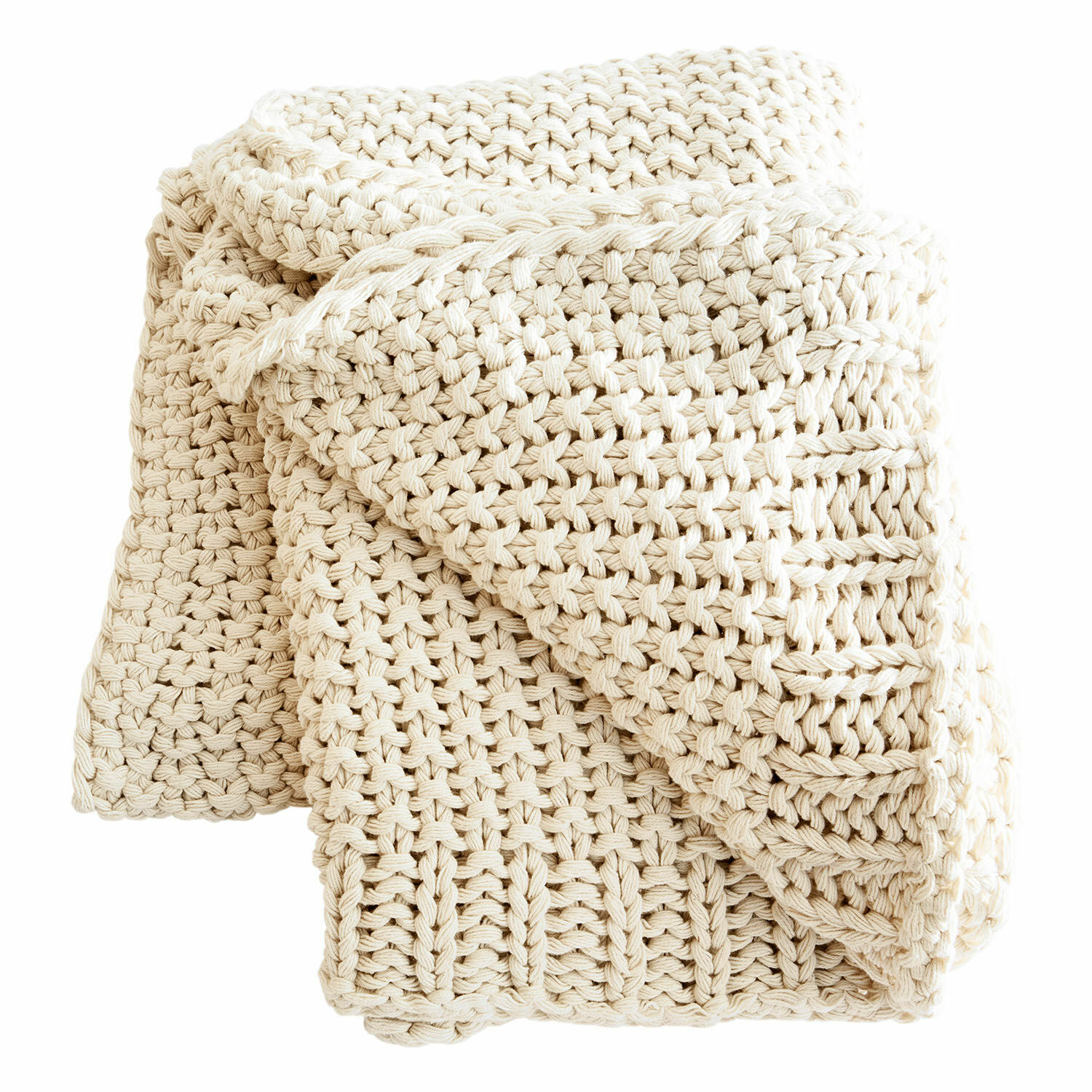 beige Beige plaid van dikke katoenen brei, perfect voor decoratie en warmte in huis.