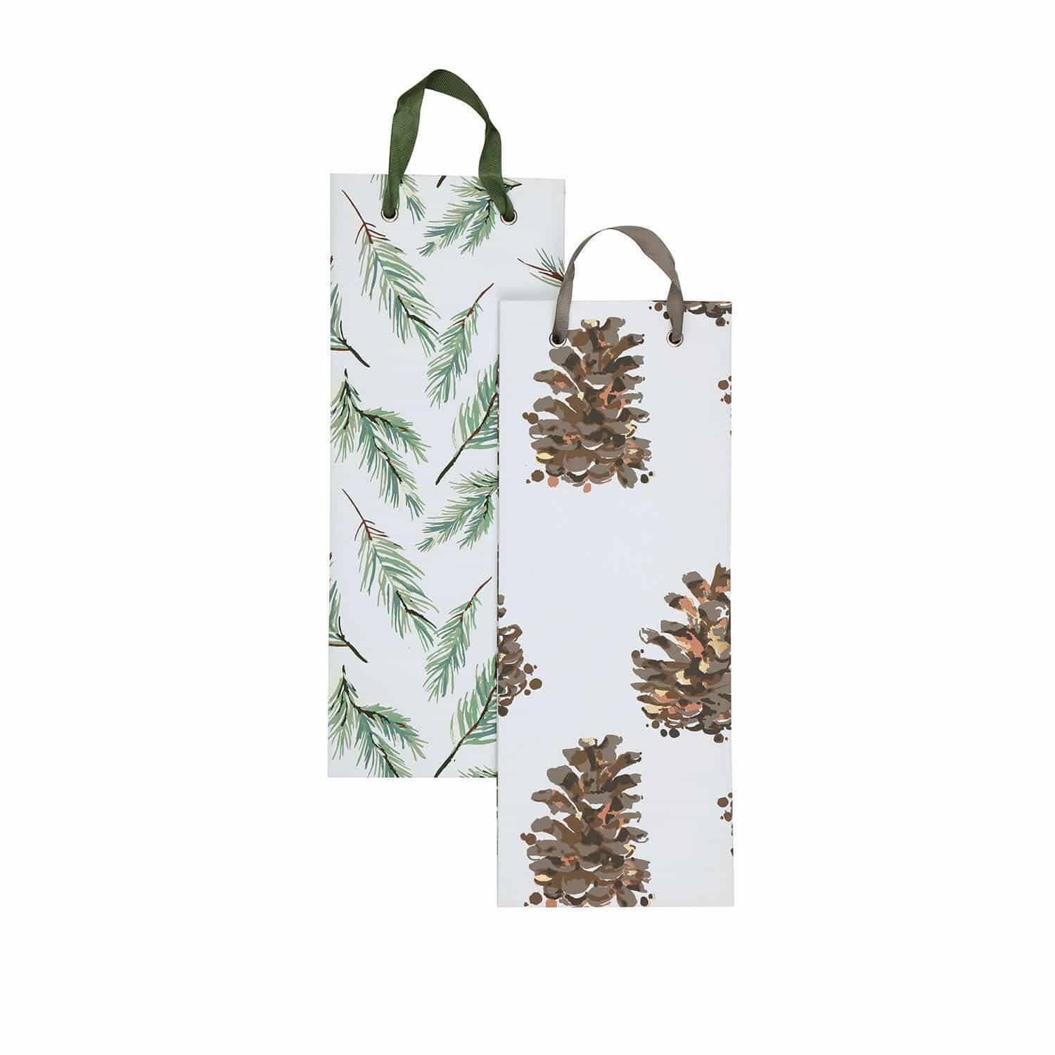 Set van twee papieren flessentassen met dennenappel- en takmotief in groene en bruine tinten