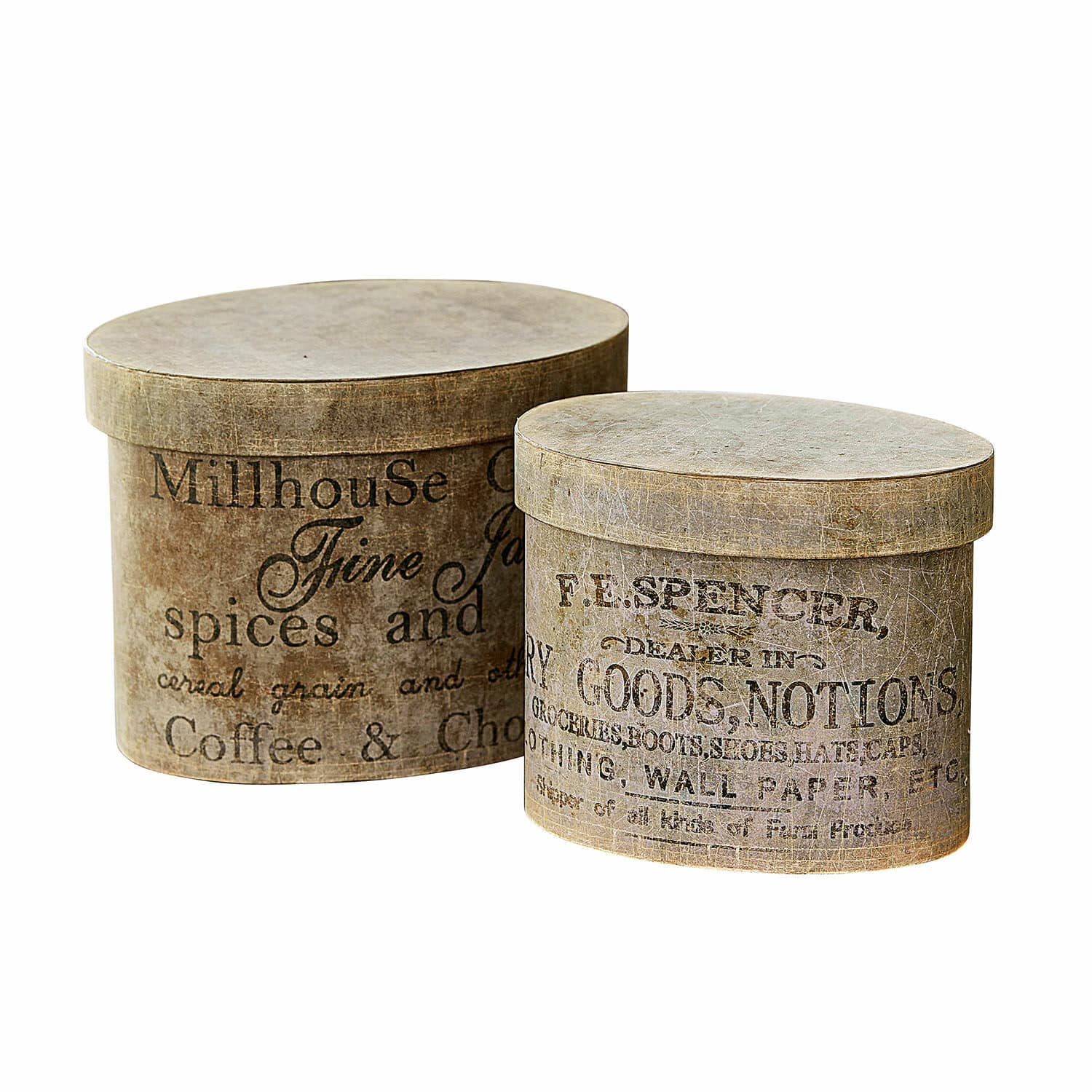 Doos set van 2 Tunguska Twee ronde decoratieve dozen van vintage papier in beige met oude tekstprint