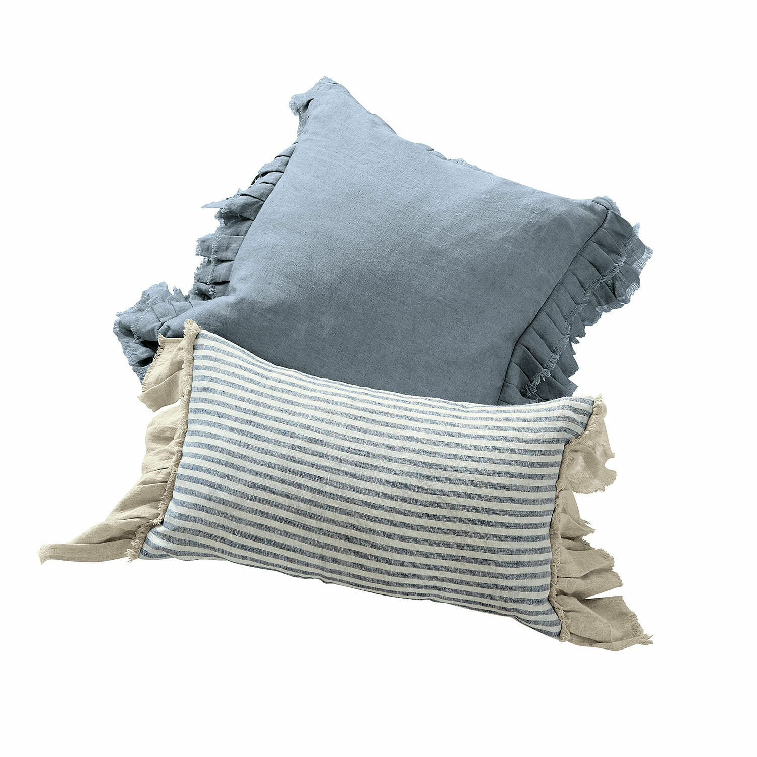 Kussenhoes set van 2 Alexane Set van twee decoratieve linnen kussens in blauw en beige met ruches voor woonkamer