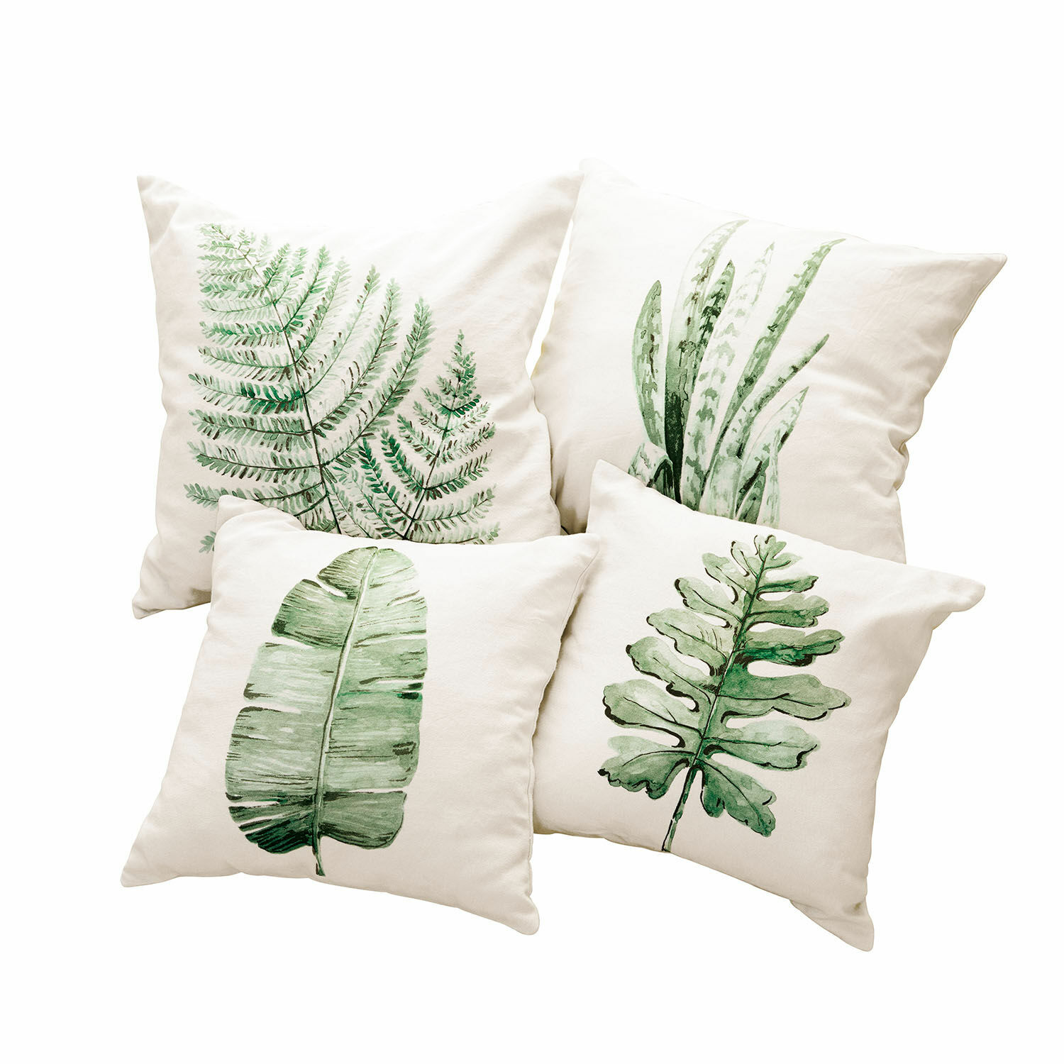 Kussenhoes set van 4 Marly Set van vier crèmekleurige kussens met groene bladprints, natuurlijke interieurdecoratie