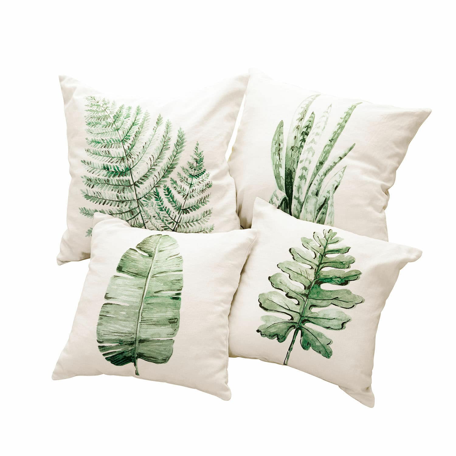 Kussenhoes set van 4 Marly Set van vier crèmekleurige kussens met groene bladprints, natuurlijke interieurdecoratie