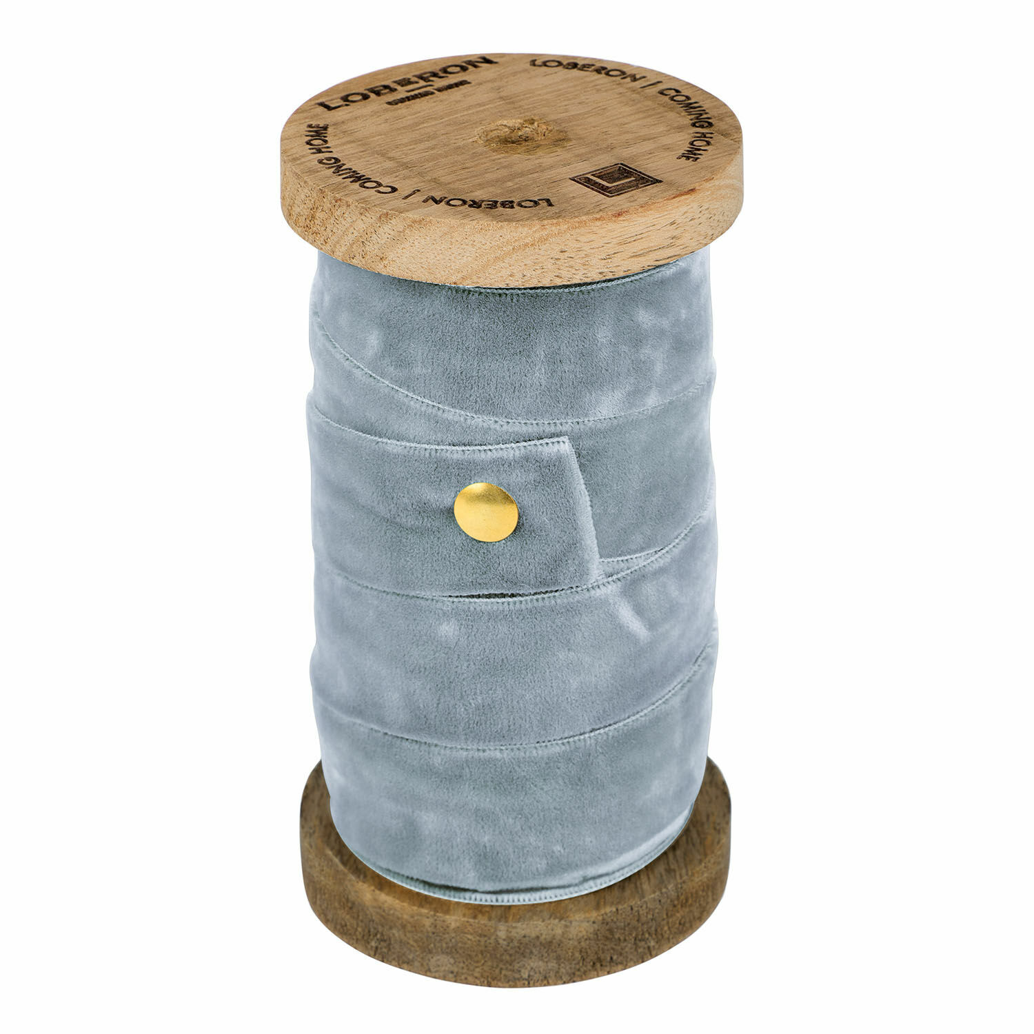 Blauwe fluwelen lint op houten spoel voor decoratie en handwerk