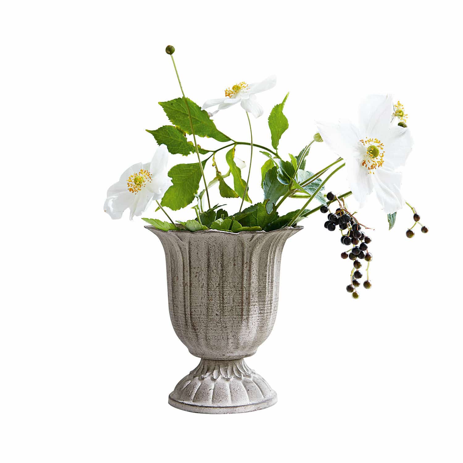 Vaas Hanson Grijze keramische vaas met witte bloemen en groene bladeren voor interieurdecoratie
