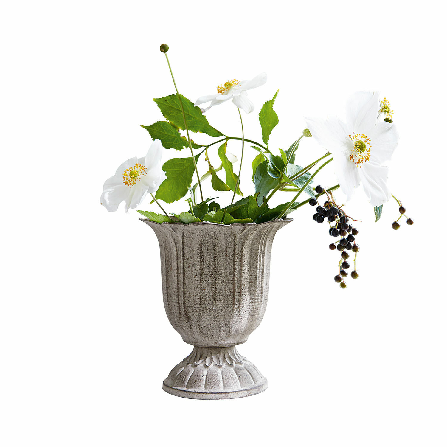 Vaas Hanson Grijze keramische vaas met witte bloemen en groene bladeren voor interieurdecoratie