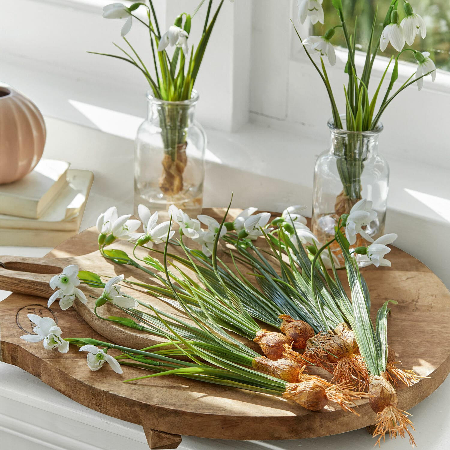 Sierbloem set van 12 Willmare Witte sneeuwklokjesbloemen met bollen op houten snijplank in lichte kamer