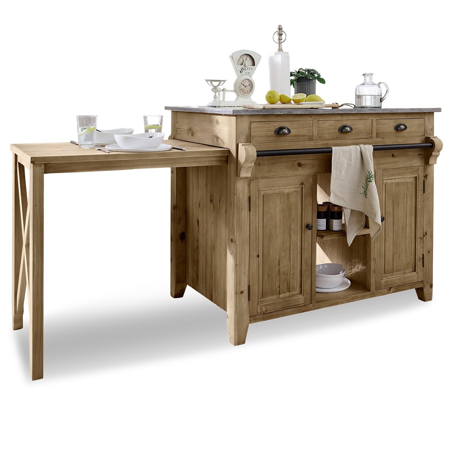 Keukenblok Évain Houten keukeneiland met uitschuifbare tafel en lades, natuurlijke houtkleur