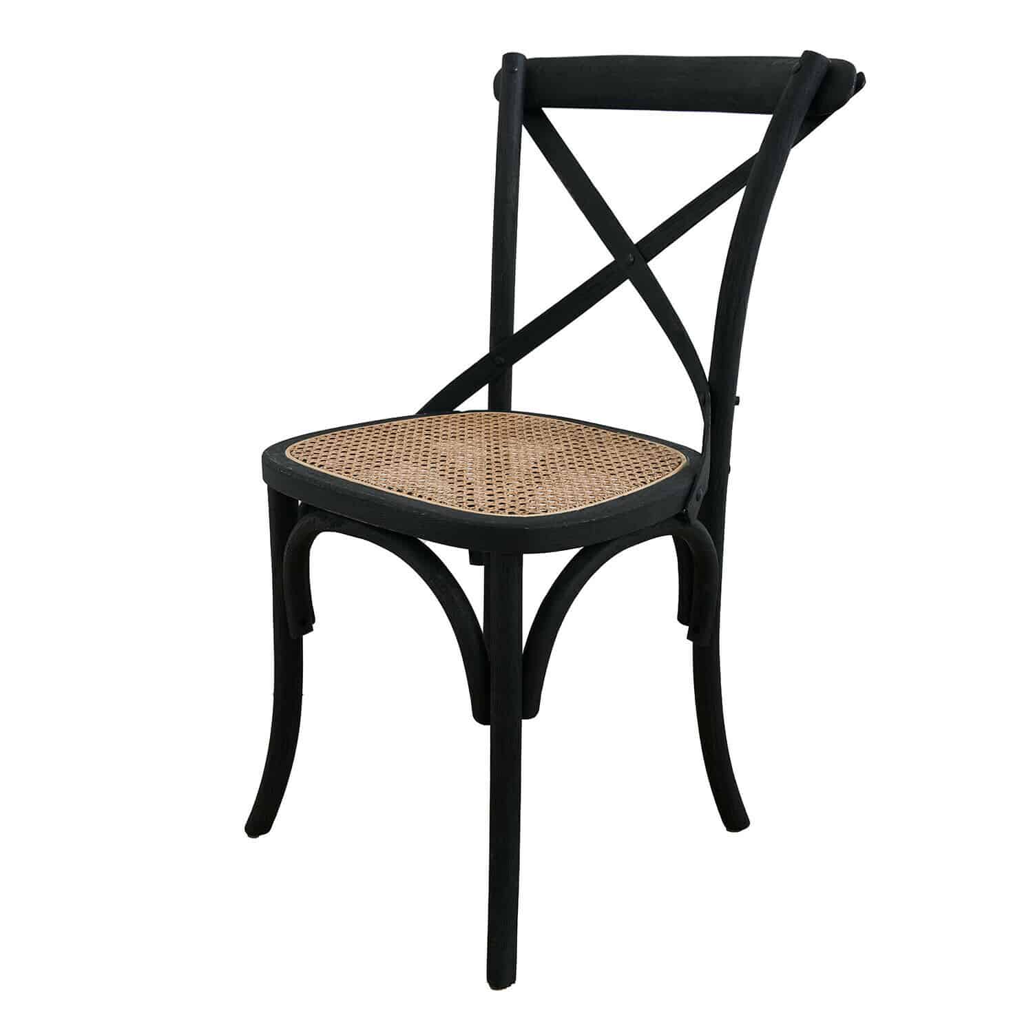 Stoel Kary Zwarte houten stoel met lichtbruine gevlochten zitting, vintage stijl voor eetkamer