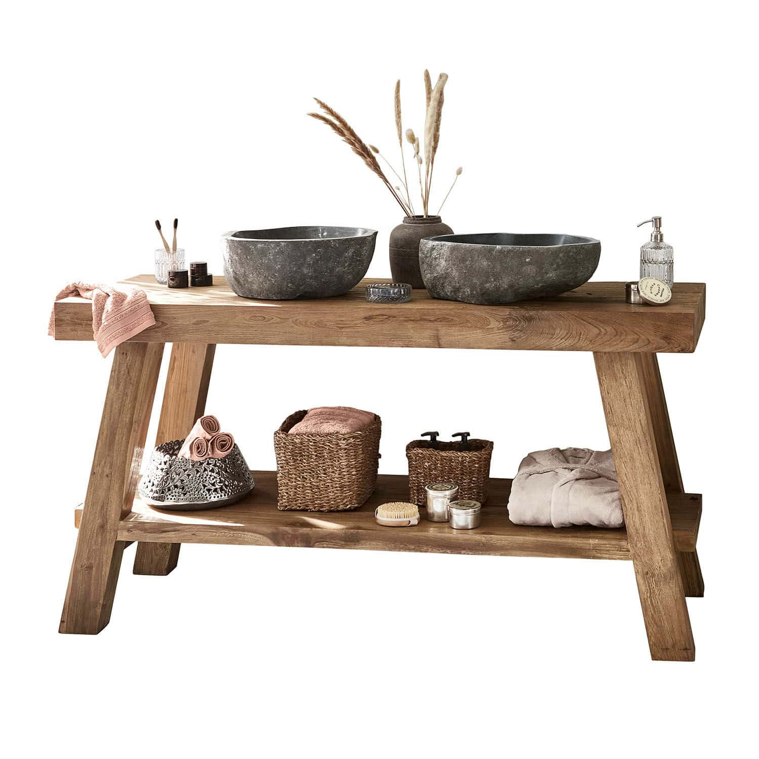 Badkamermeubel met dubbele wasbak Eguenigue Houten badkamerconsole met stenen wastafels en natuurlijke opbergaccessoires