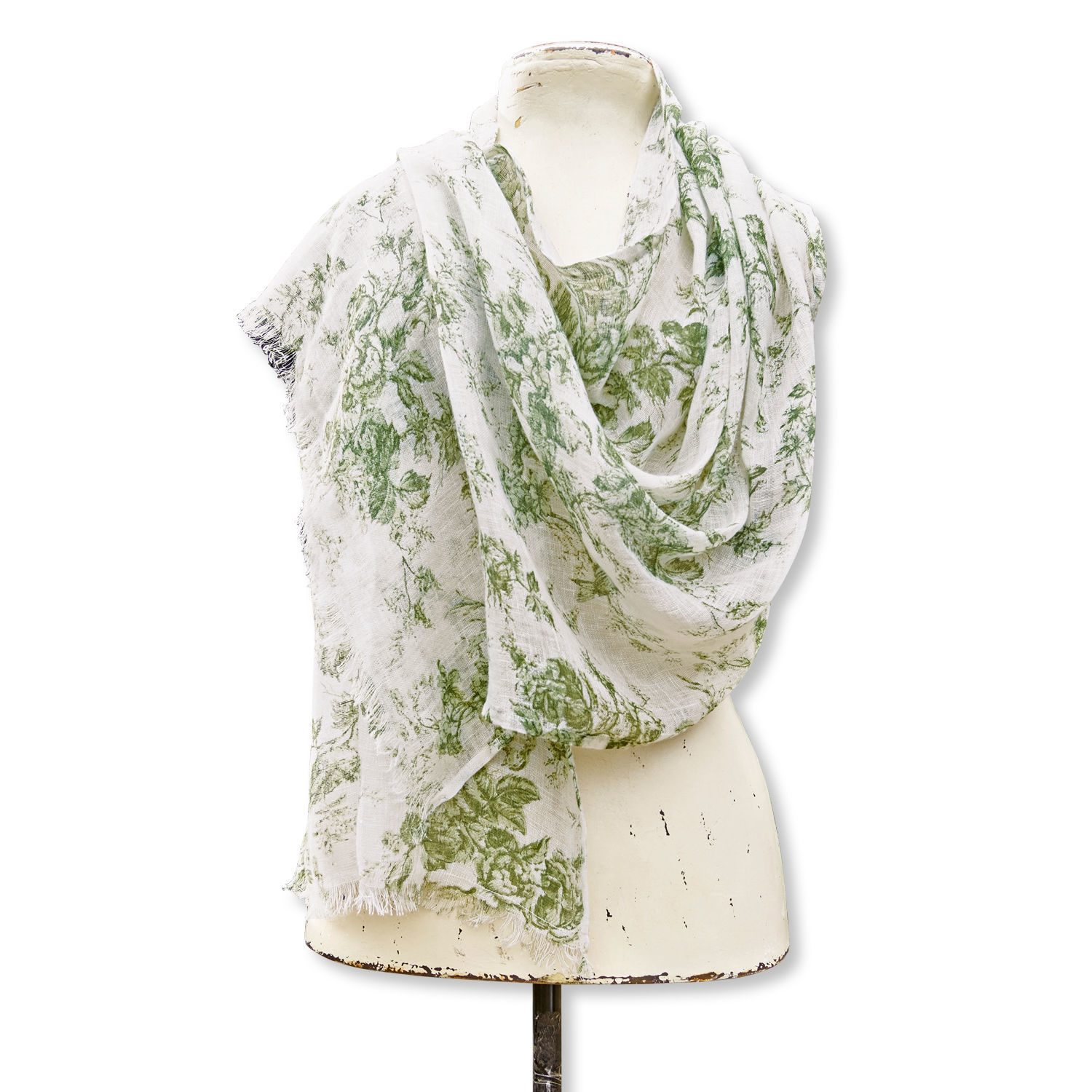 Lichte witte sjaal met groen bloemenpatroon van natuurlijk materiaal, modieuze lenteaccessoire