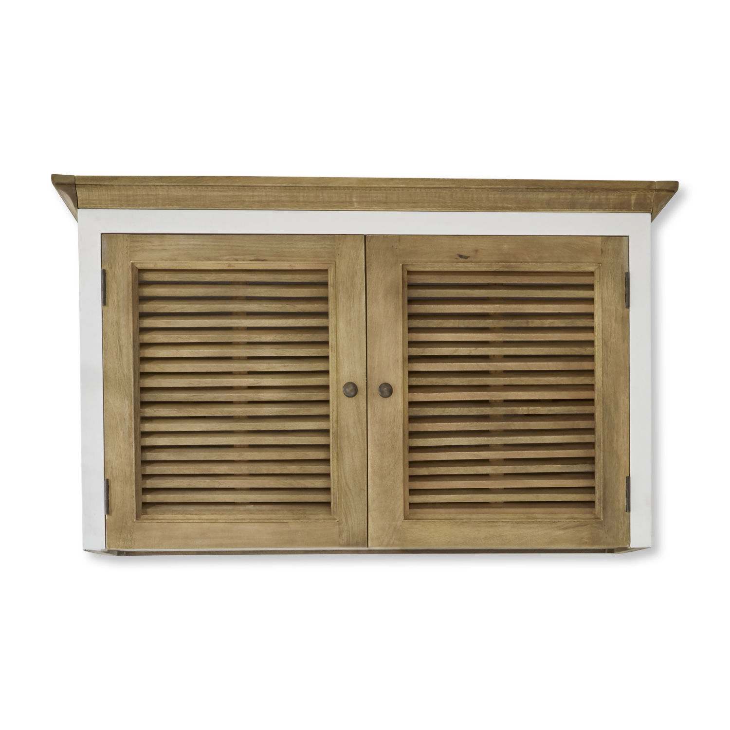 Kastopbouw Comtois Houten wandkast met wit frame en twee lamellen deuren in natuurlijke houtkleur