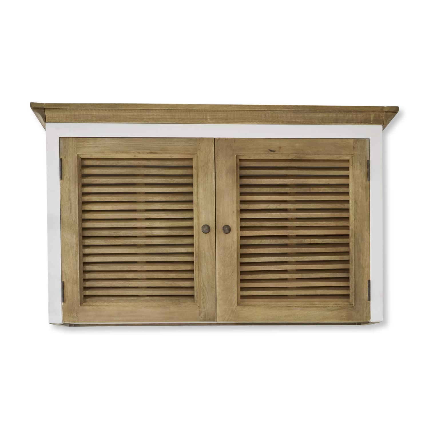 Kastopbouw Comtois Houten wandkast met wit frame en twee lamellen deuren in natuurlijke houtkleur
