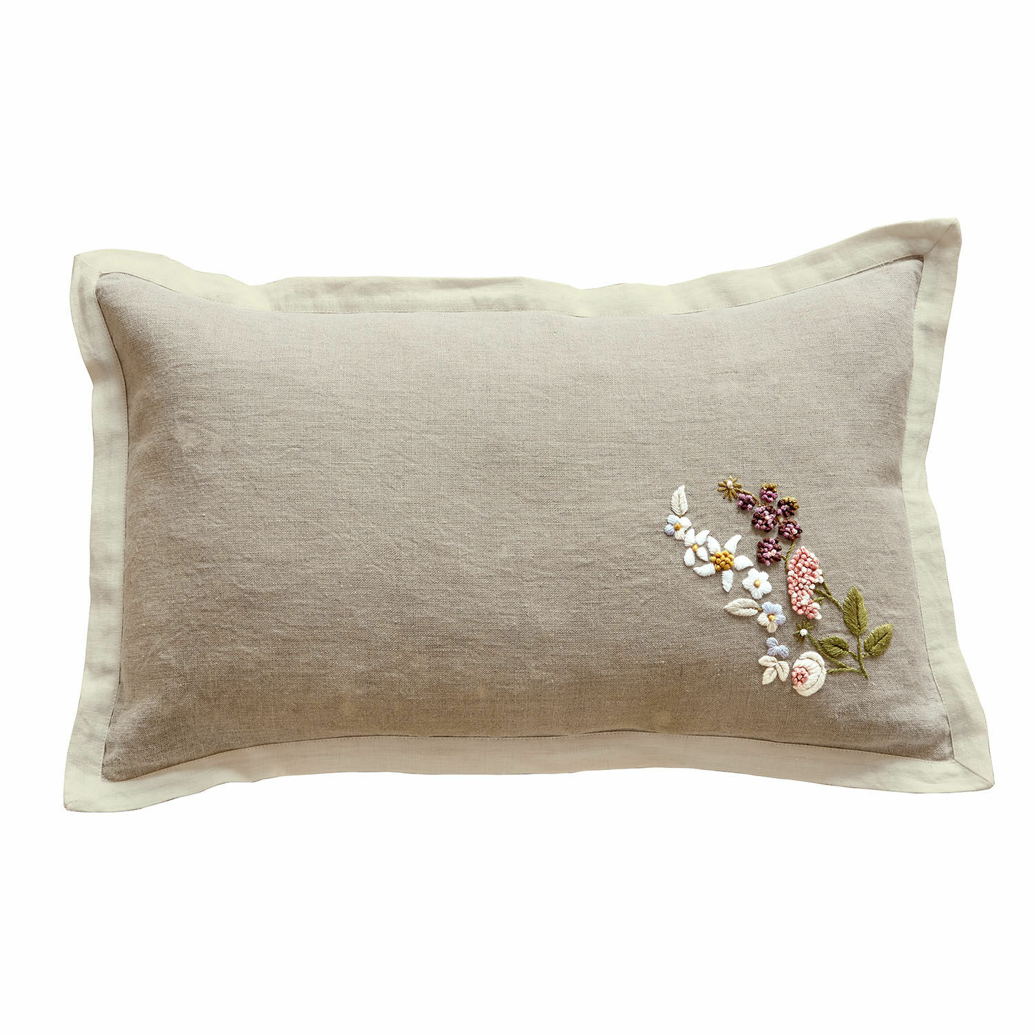 Kussenhoes Tavaline Beige linnen kussen met bloemenborduursel en crèmekleurige rand, decoratief voor woonkamer