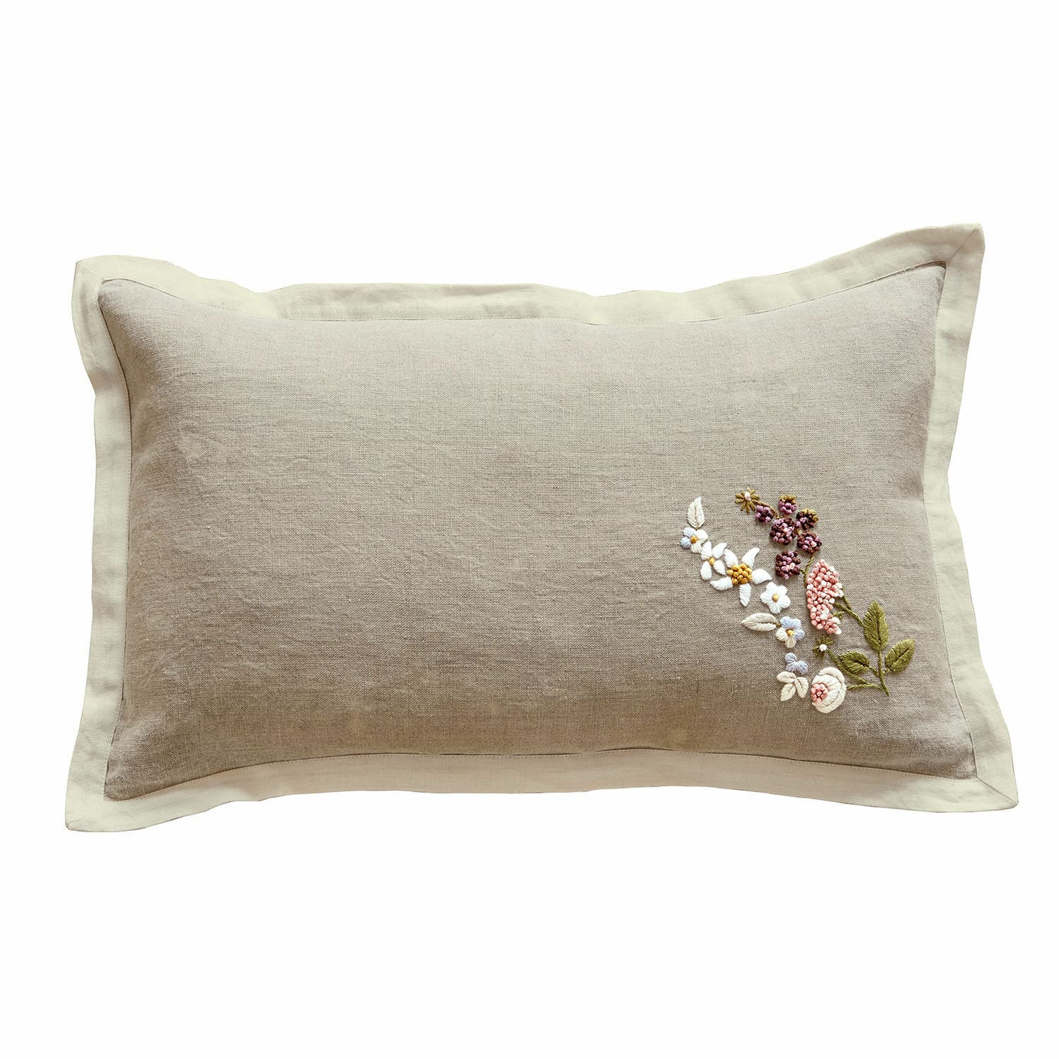 Kussenhoes Tavaline Beige linnen kussen met bloemenborduursel en crèmekleurige rand, decoratief voor woonkamer