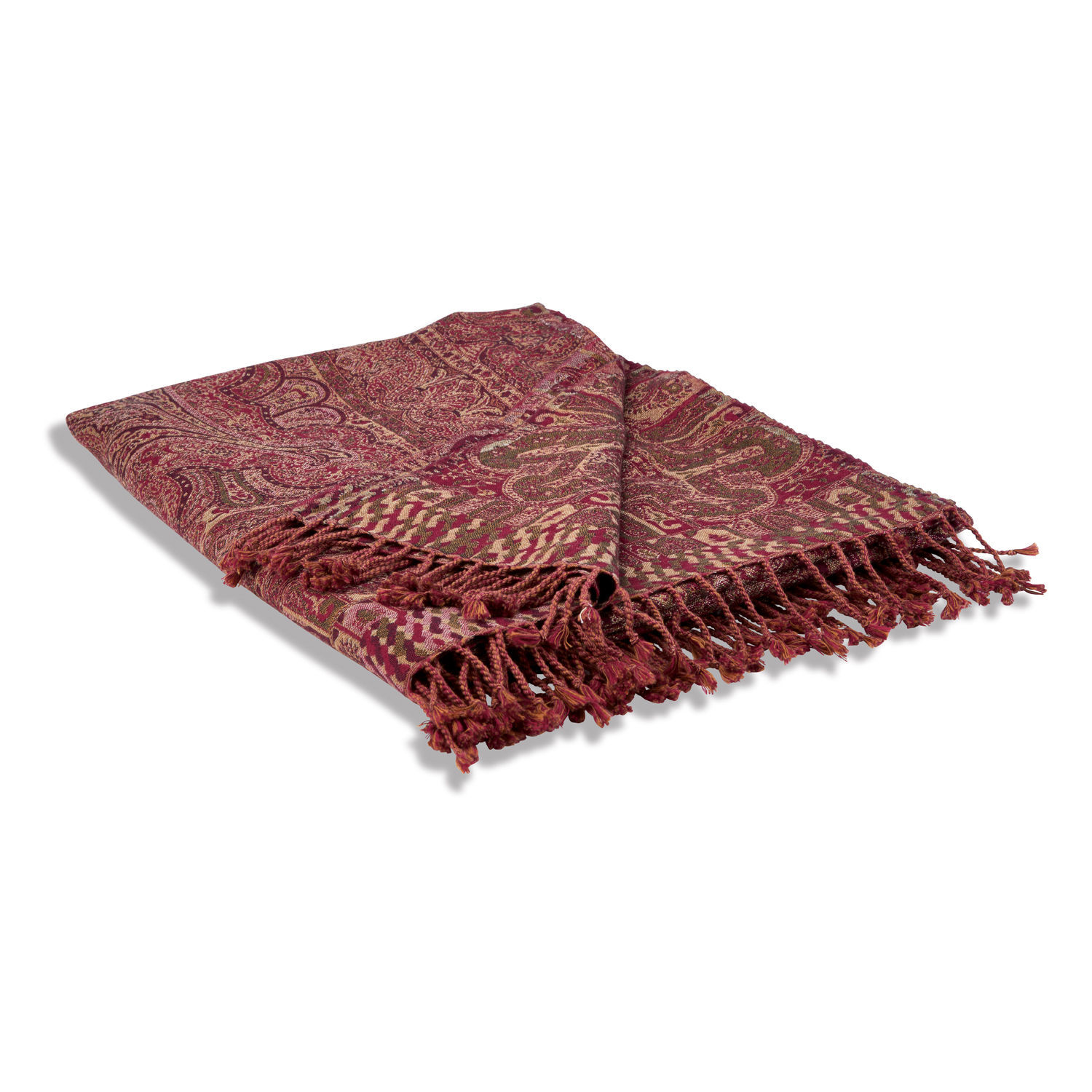 Plaid Nugère Rode plaid met paisley patroon en franjes, zachte stof, decoratief woondeken